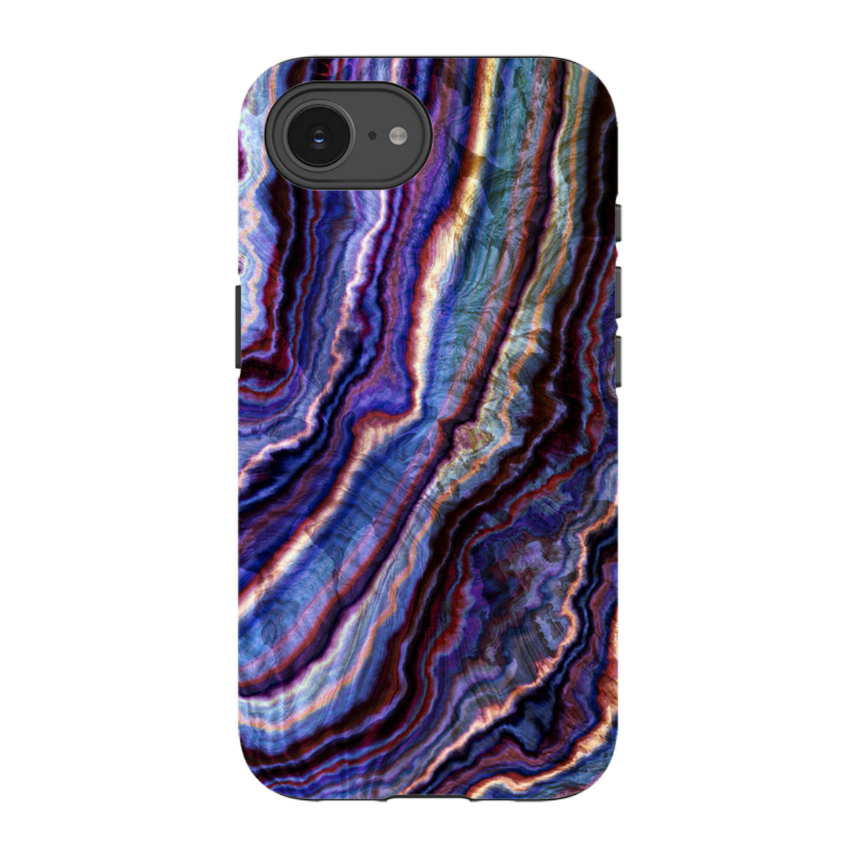 iPhone tough case with a royal agate pattern featuring swirling blue, purple, and gold tones in a dual-layer design.