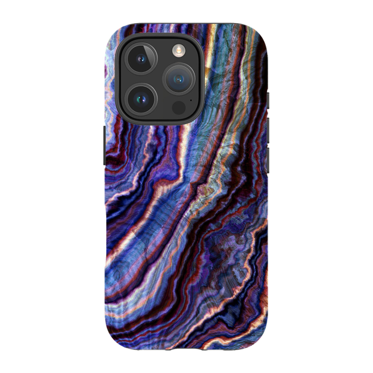 iPhone Tough Case featuring a royal blue and purple agate stone pattern with a durable dual-layer protective shell.
