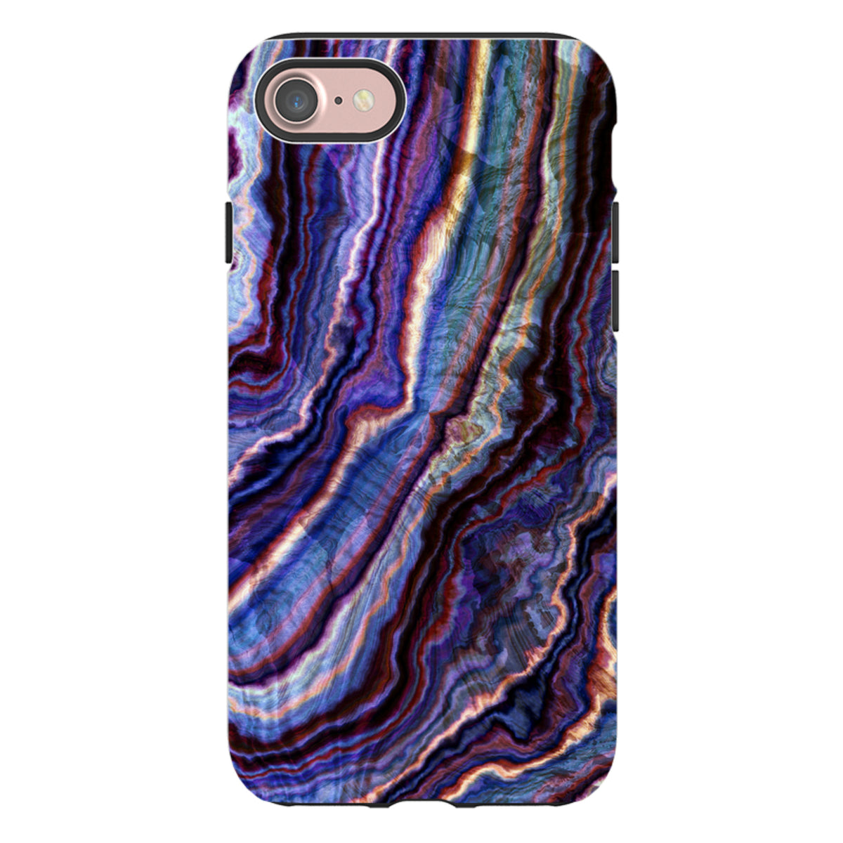 iPhone tough case featuring a royal agate design with swirling purple, blue, and gold patterns and a durable dual-layer.