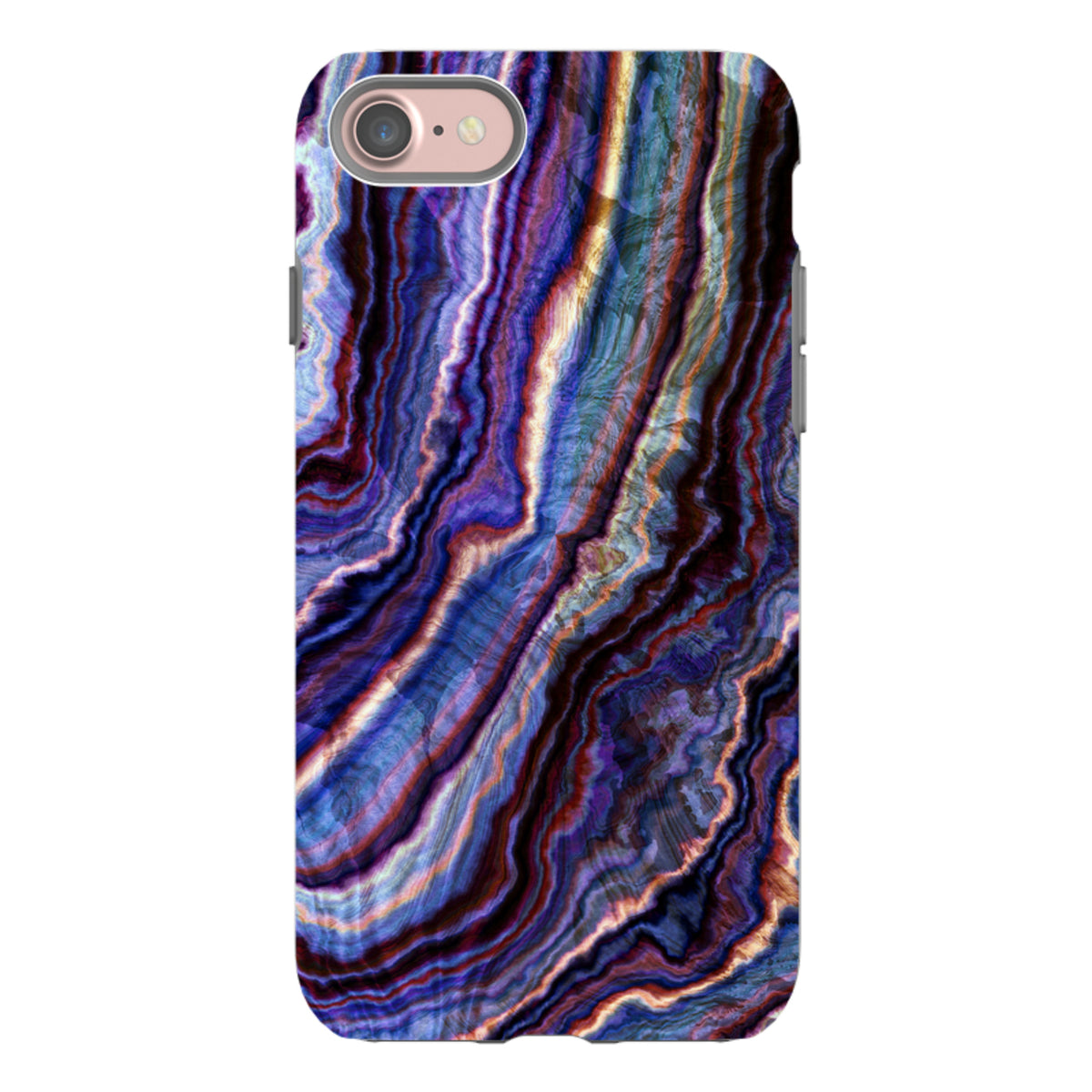 iPhone Tough Case featuring a royal agate design with swirling blue, purple, and gold patterns in a dual-layer finish.