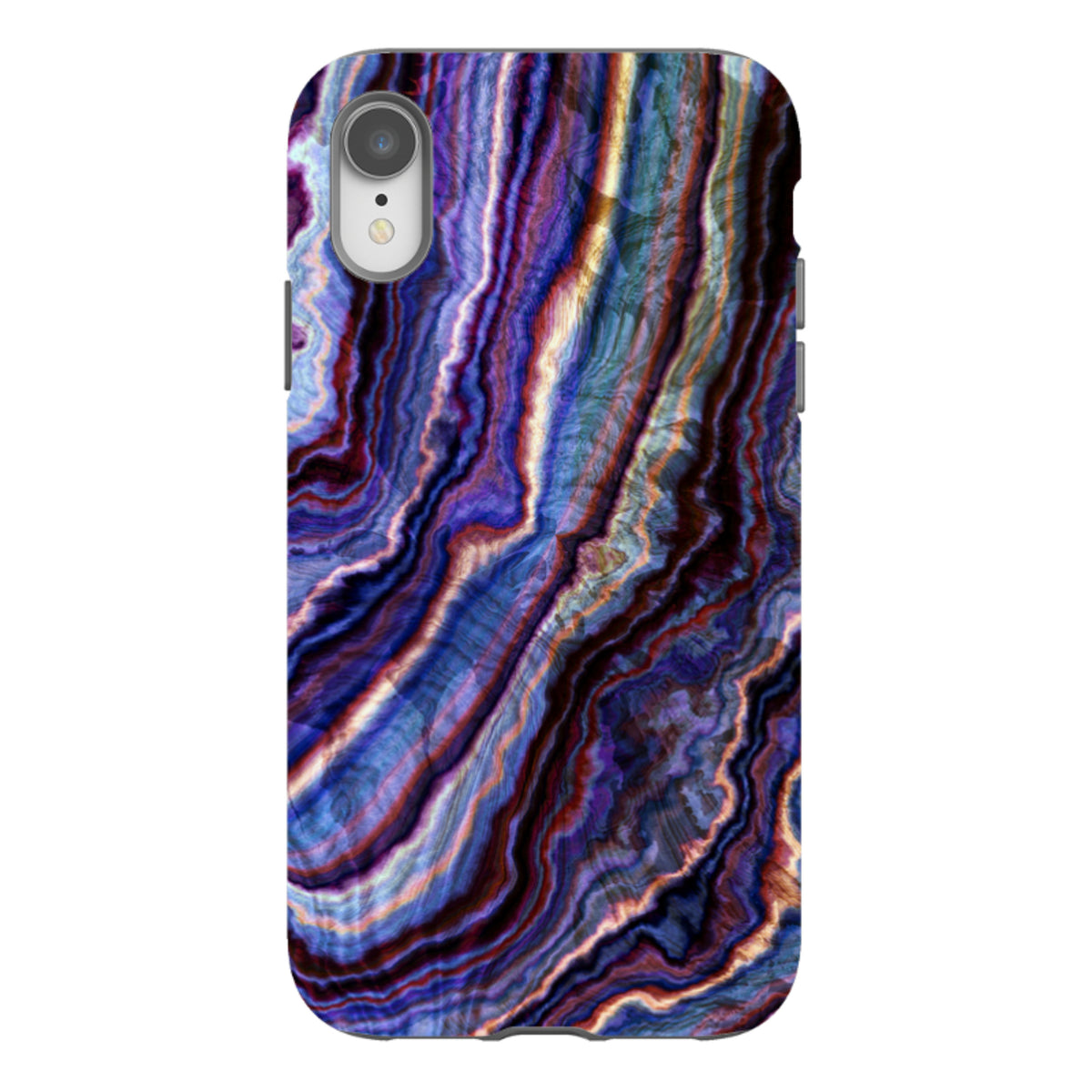 iPhone tough case featuring a high-definition royal agate pattern with swirling purple, blue, and gold marble textures.