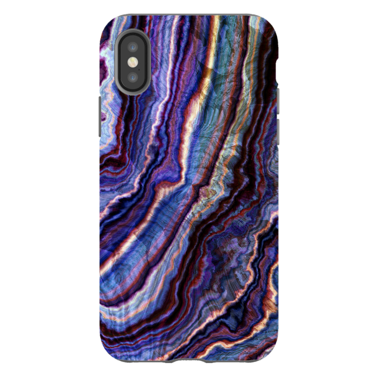 iPhone Tough Case featuring a royal agate design with swirling purple, blue, and gold patterns in a dual-layer finish.