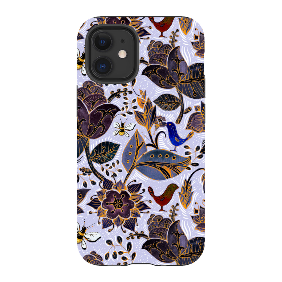 iPhone tough case with a Royal Botanical floral pattern, featuring dark flowers, birds, and bees on a light purple background.