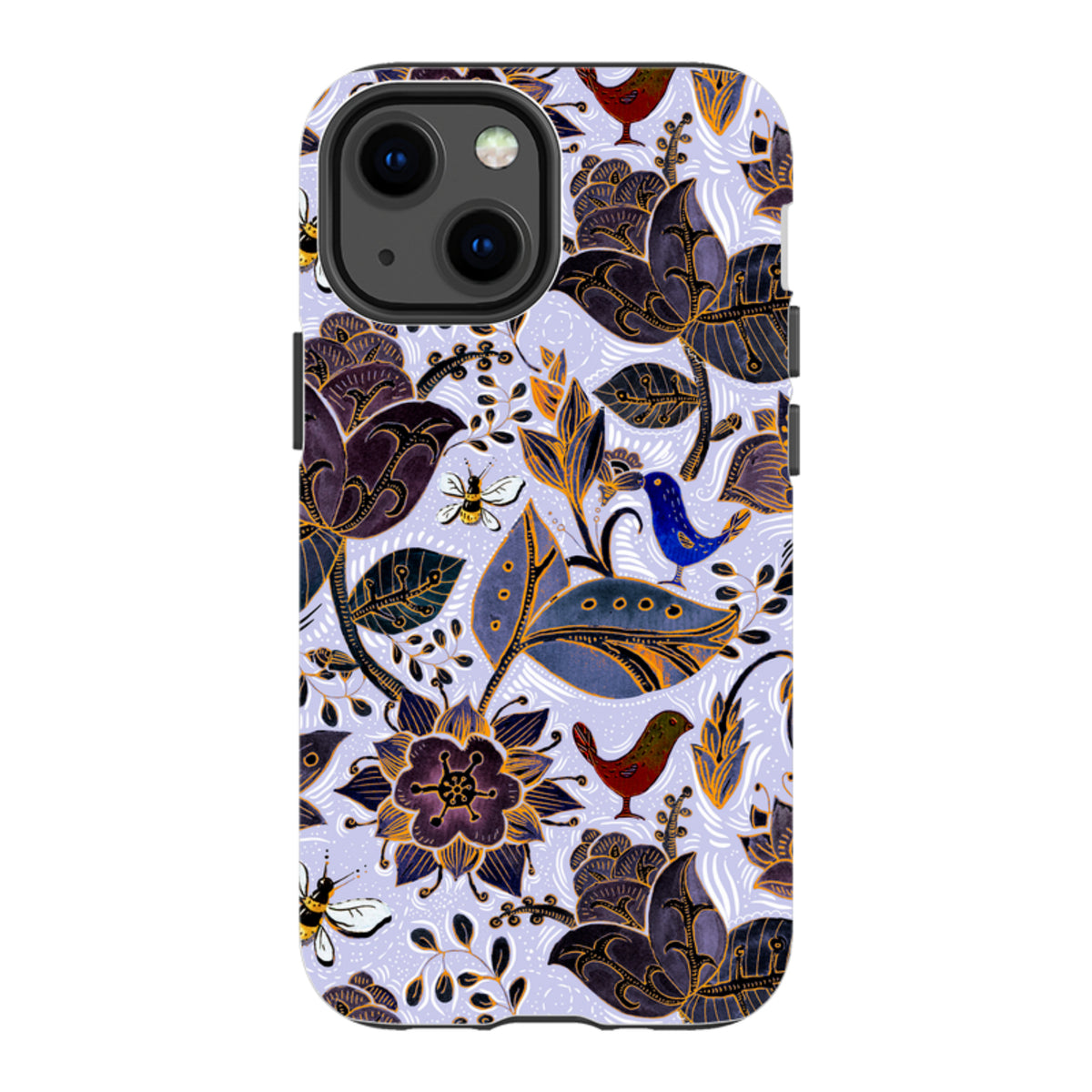 iPhone Tough Case featuring a Royal Botanical print with dark flowers, birds, and bees on a light purple background.