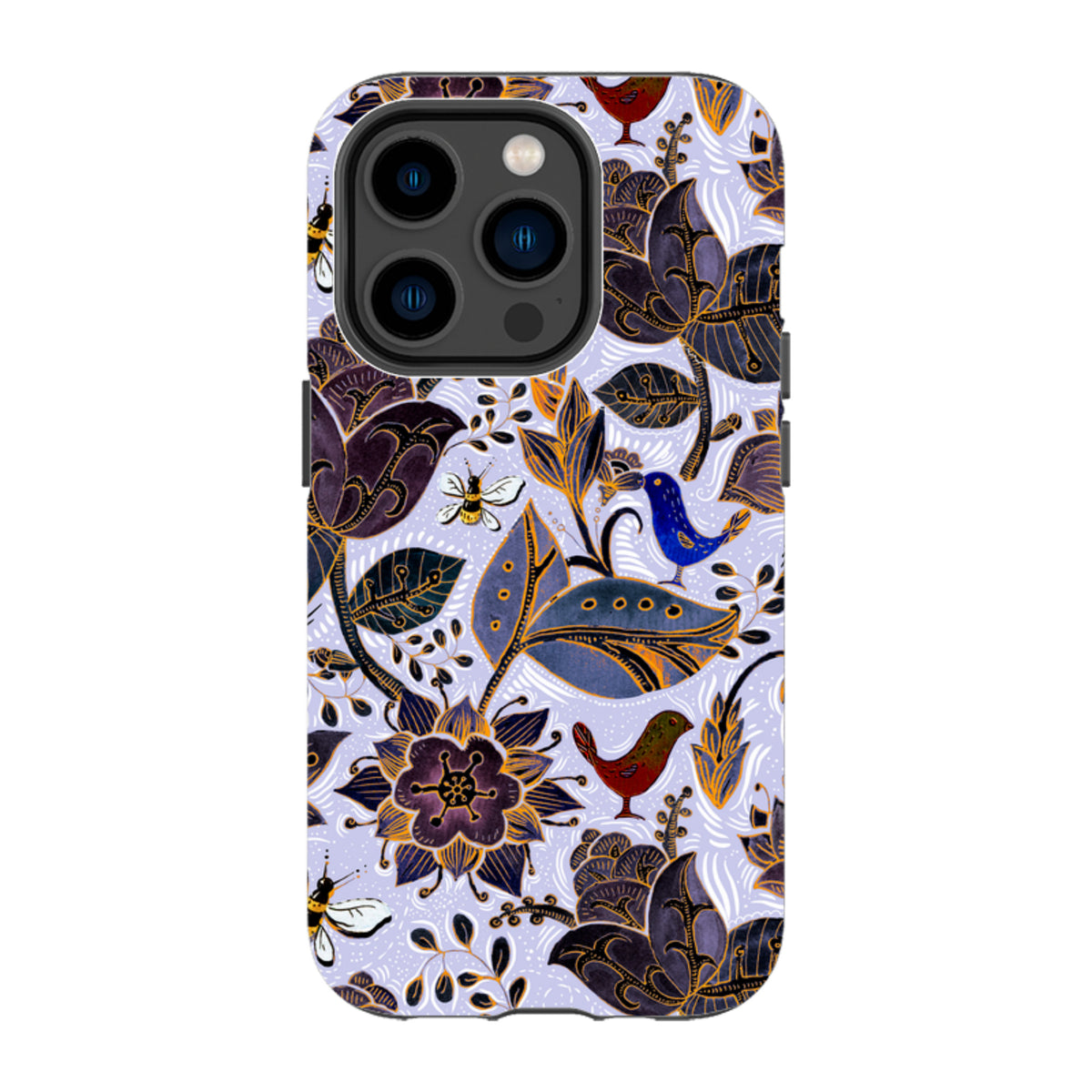 iPhone tough case with a Royal Botanical floral pattern featuring birds, bees, and dark leaves on a light purple background.