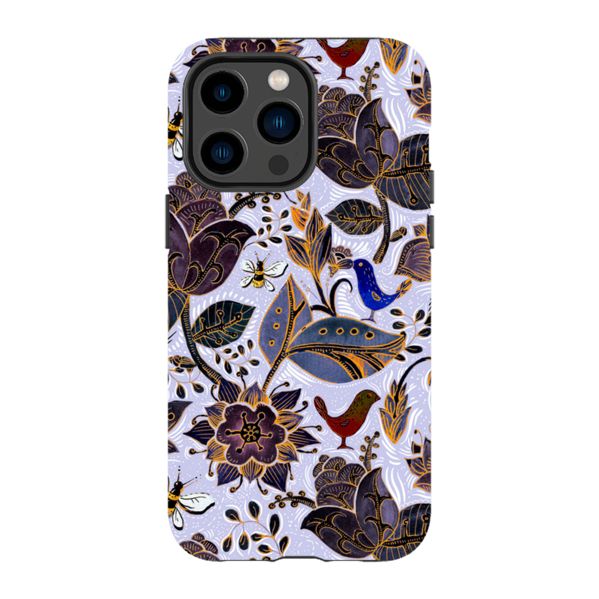 iPhone tough case with a royal botanical print featuring dark flowers, birds, and bees on a light purple background.
