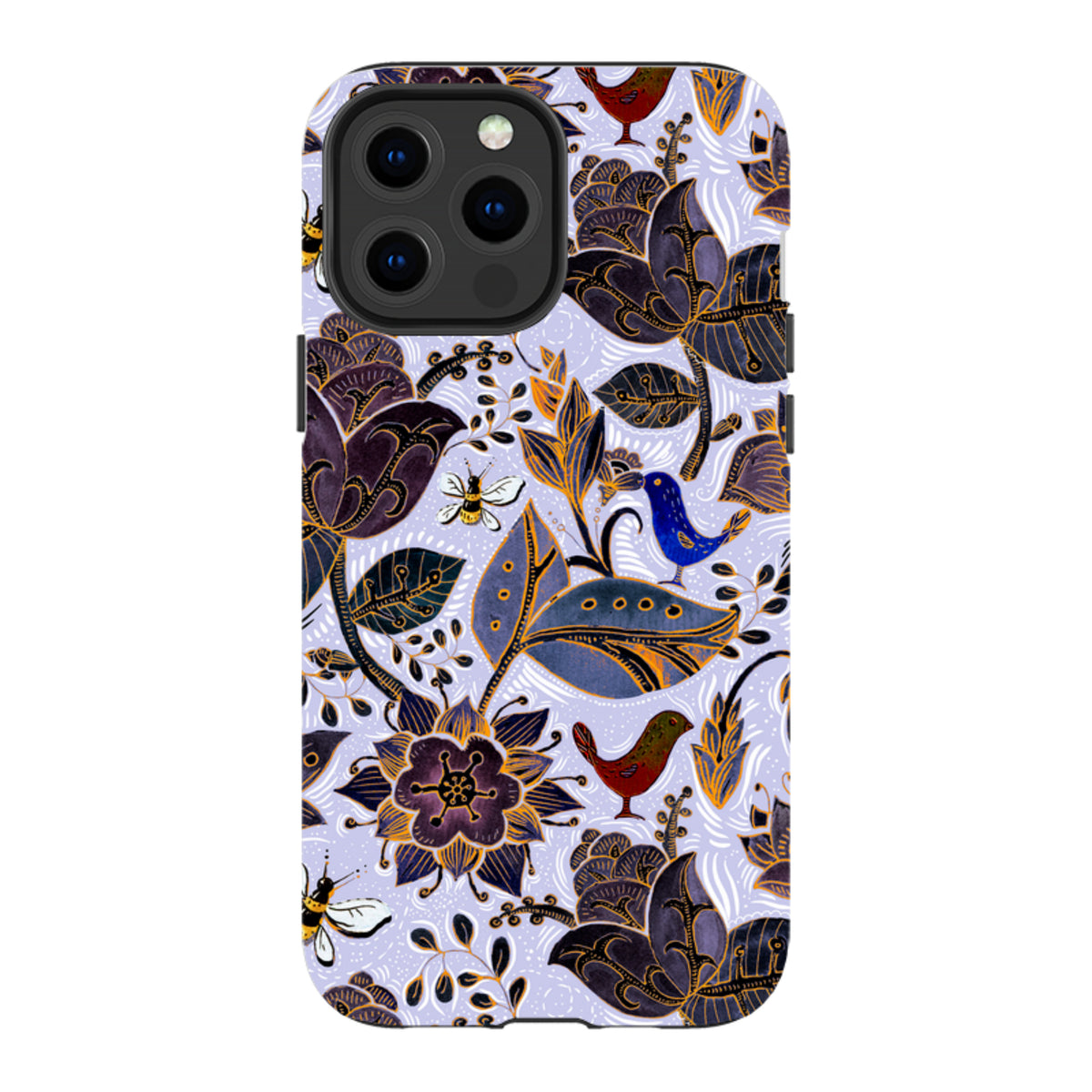 iPhone tough case featuring a Royal Botanical print with dark flowers, birds, and bees on a light lavender background.