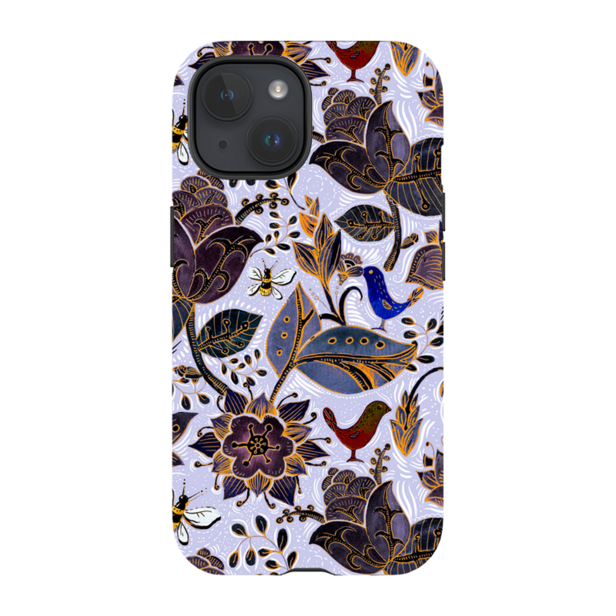 iPhone tough case with a Royal Botanical floral pattern featuring birds, bees, and dark purple flowers on a light blue base.