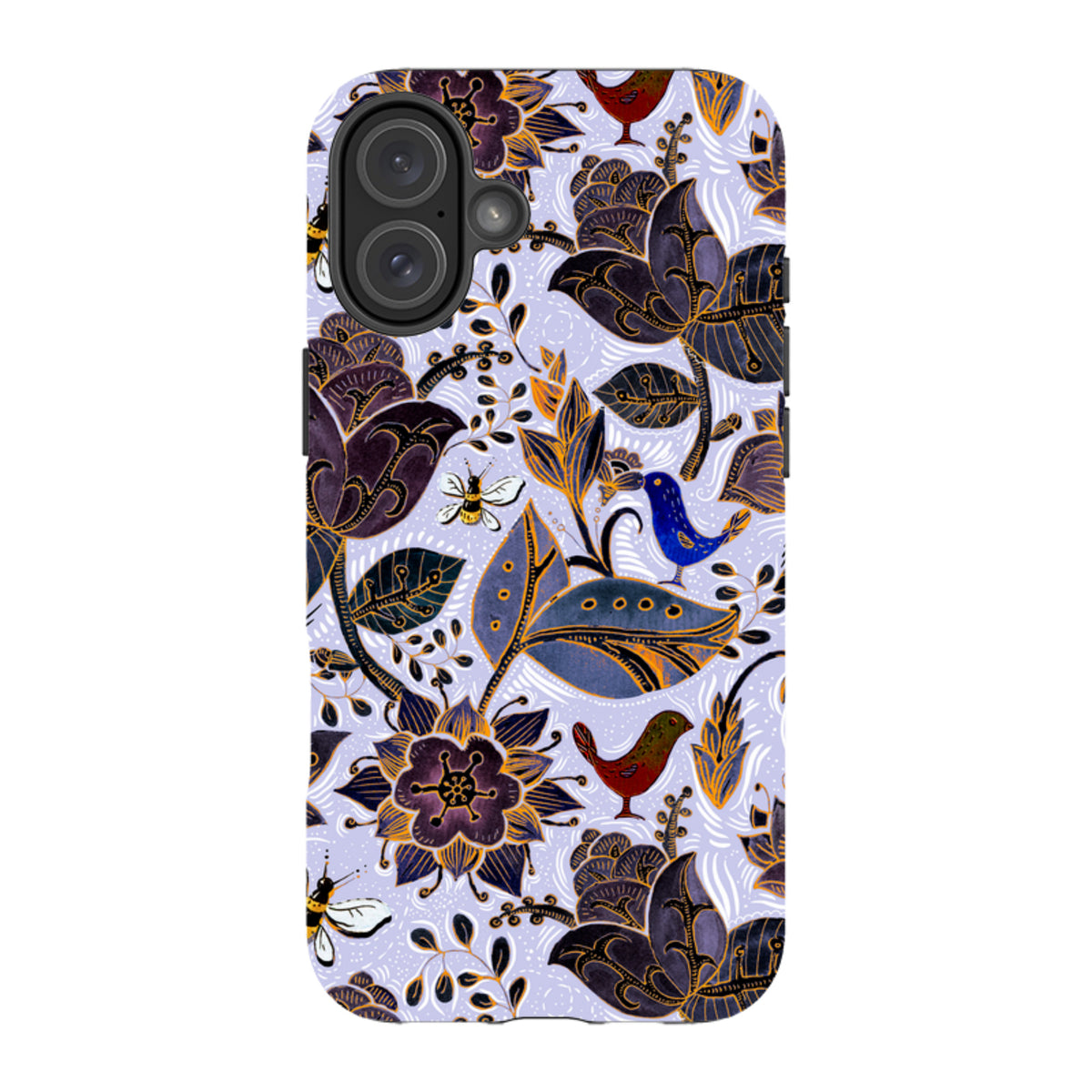 Dual-layer iPhone tough case with a Royal Botanical print featuring dark flowers, birds, and bees on a light purple background.