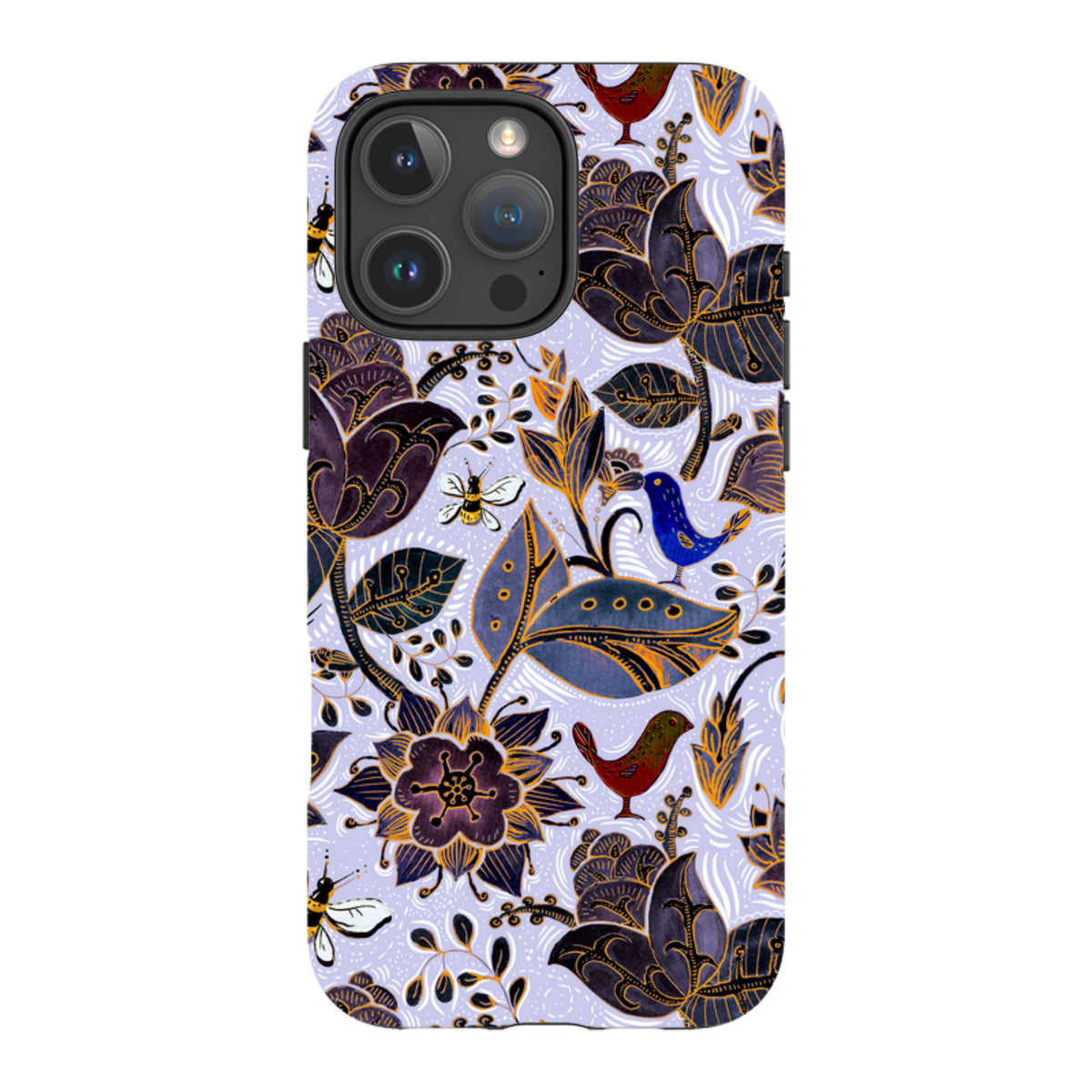 iPhone Tough Case featuring a Royal Botanical print with dark flowers, birds, and bees on a light purple background.