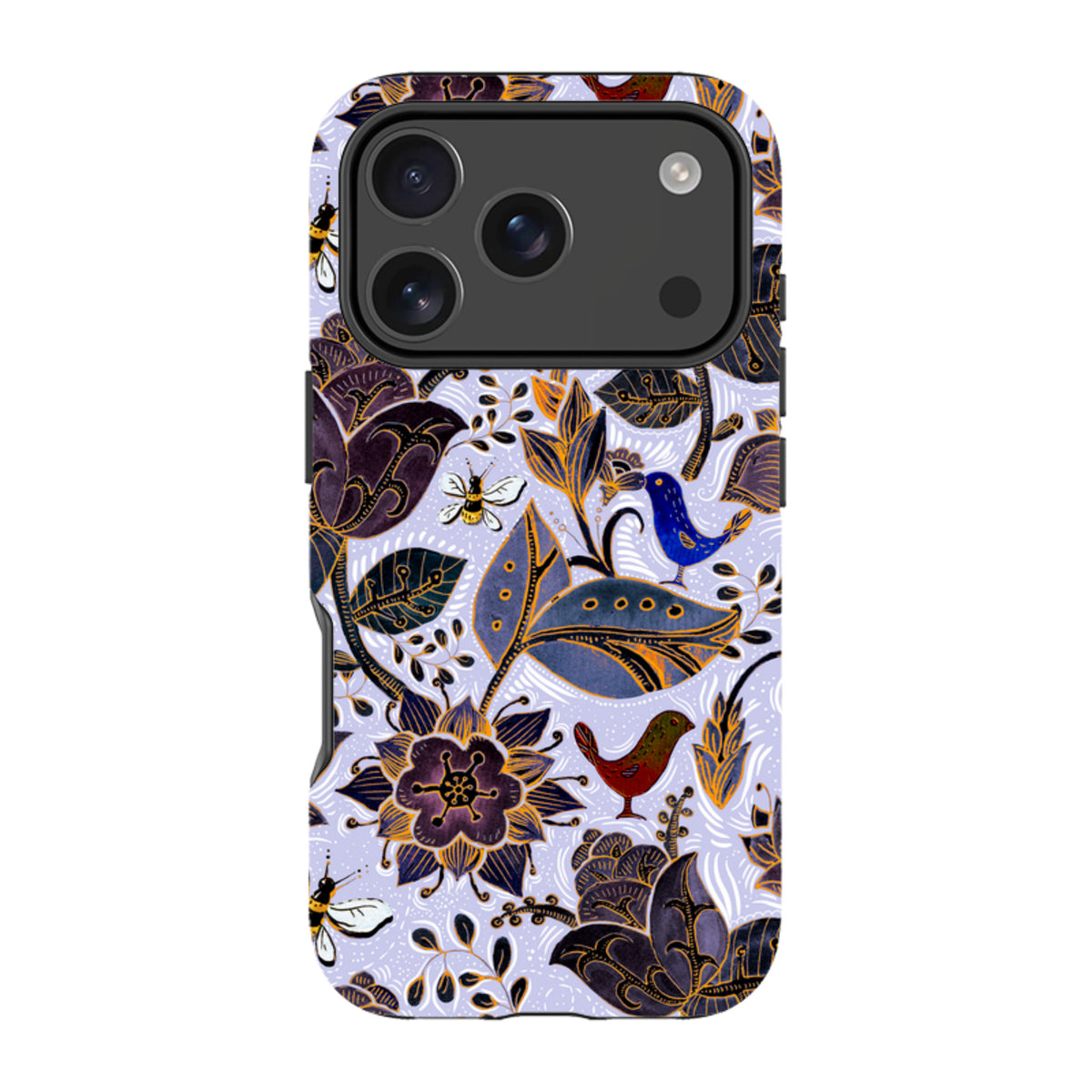 iPhone tough case with a Royal Botanical floral pattern featuring birds, bees, and dark purple accents on a light background.