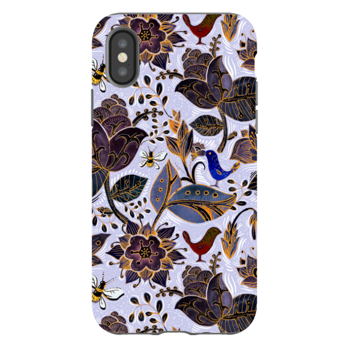iPhone tough case with a Royal Botanical floral pattern, featuring dark purple flowers, birds, and bees on a light purple background.