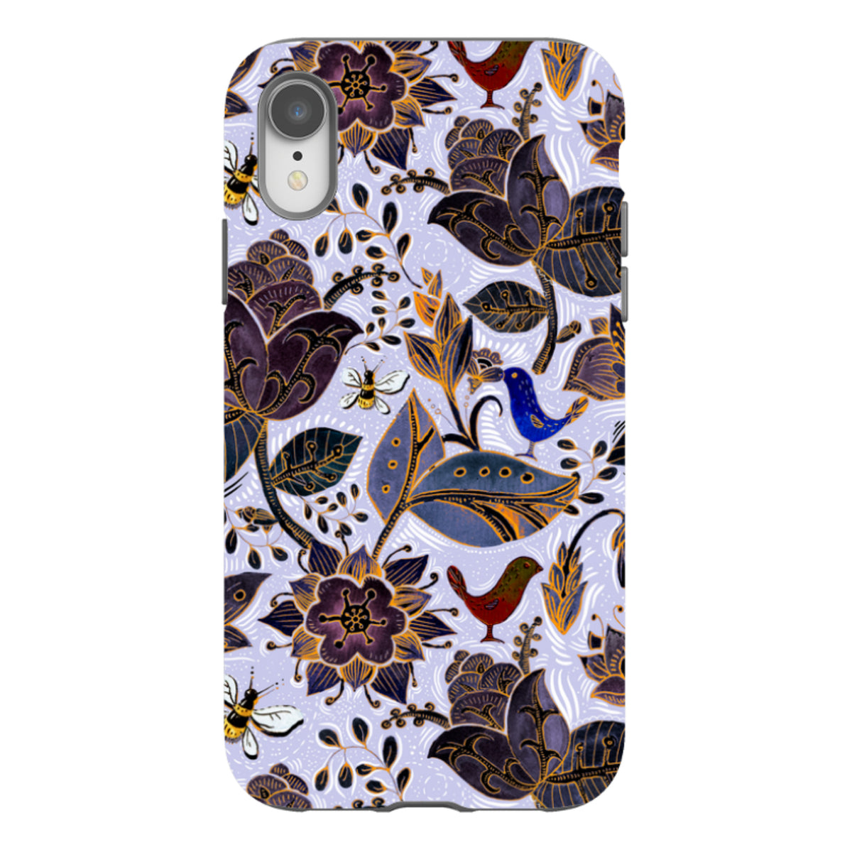 iPhone tough case with a royal botanical print featuring dark floral patterns, birds, and bees on a light purple background.