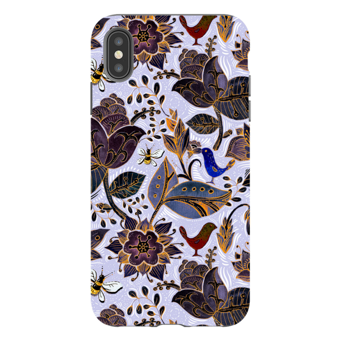 iPhone tough case with a Royal Botanical floral pattern, featuring dark purple flowers, birds, and bees on a light lilac background.
