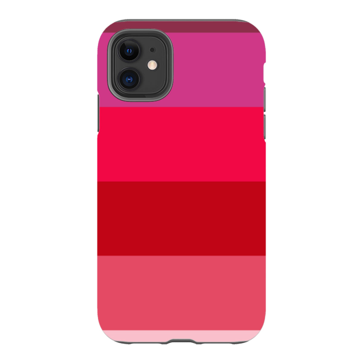 iPhone tough case with Ruby Grade striped design in vibrant shades of red and pink and a protective dual-layer shell.