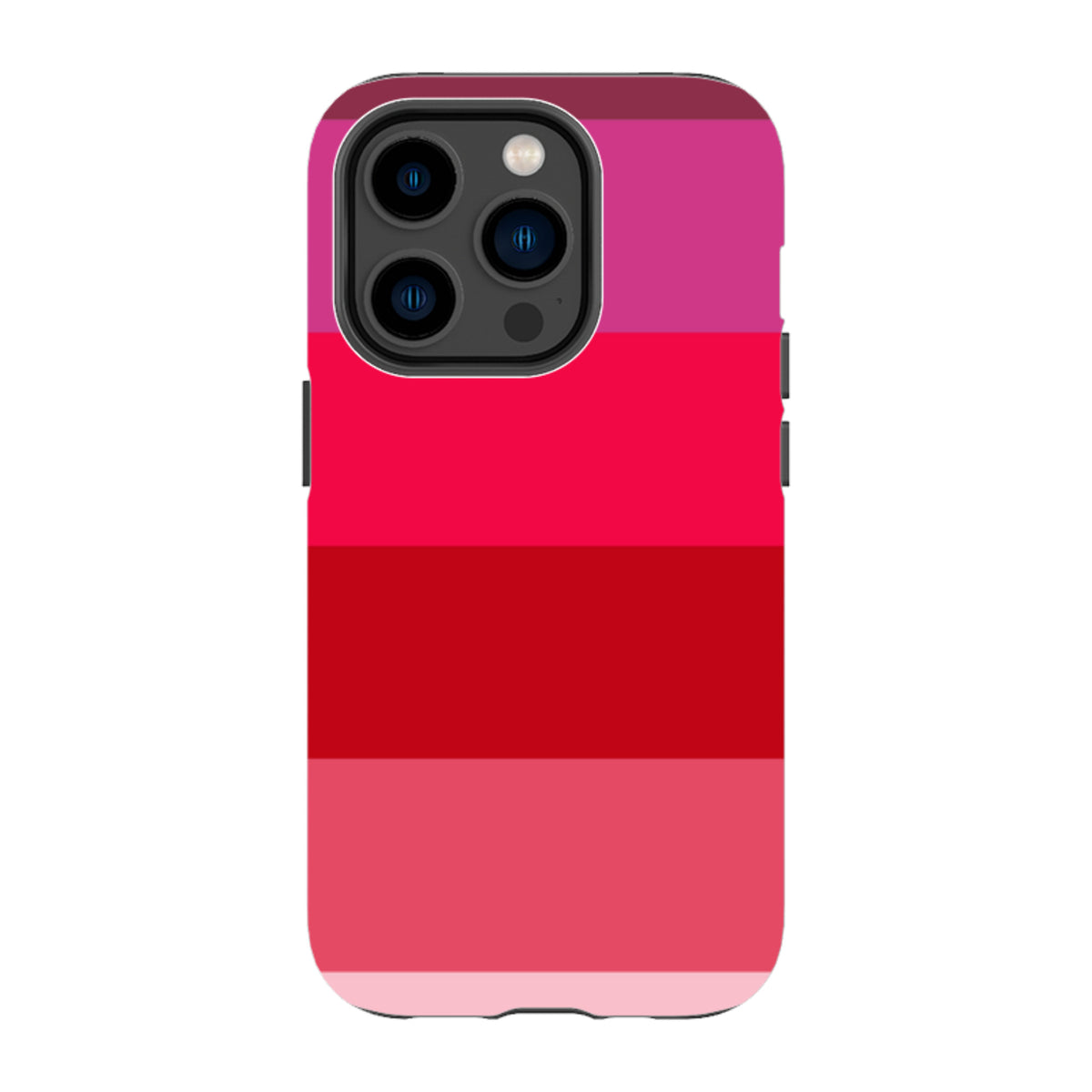 iPhone tough case with Ruby Grade horizontal stripes in shades of pink and red, featuring a durable dual-layer design.