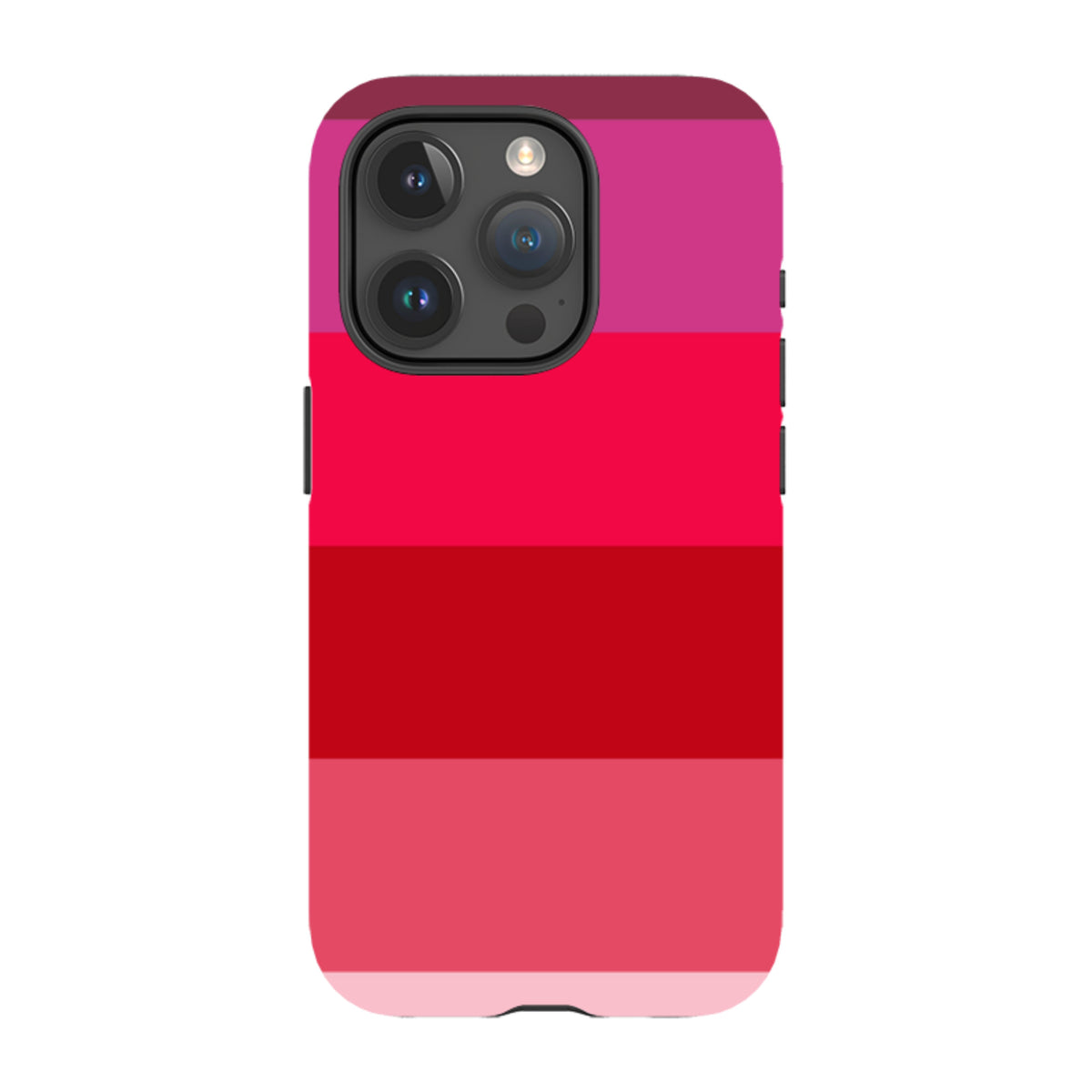 iPhone Tough Case in Ruby Grade featuring horizontal stripes of vibrant red and pink tones with dual-layer protection.