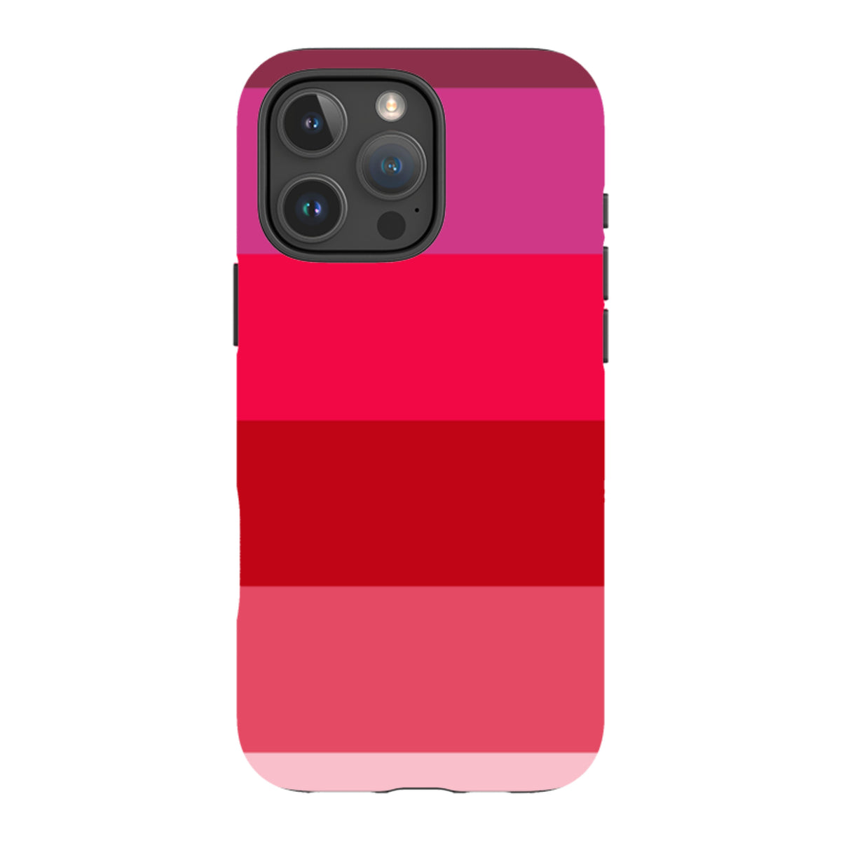 iPhone Tough Case in Ruby Grade featuring horizontal stripes of vibrant red and pink tones with a dual-layer protective shell.