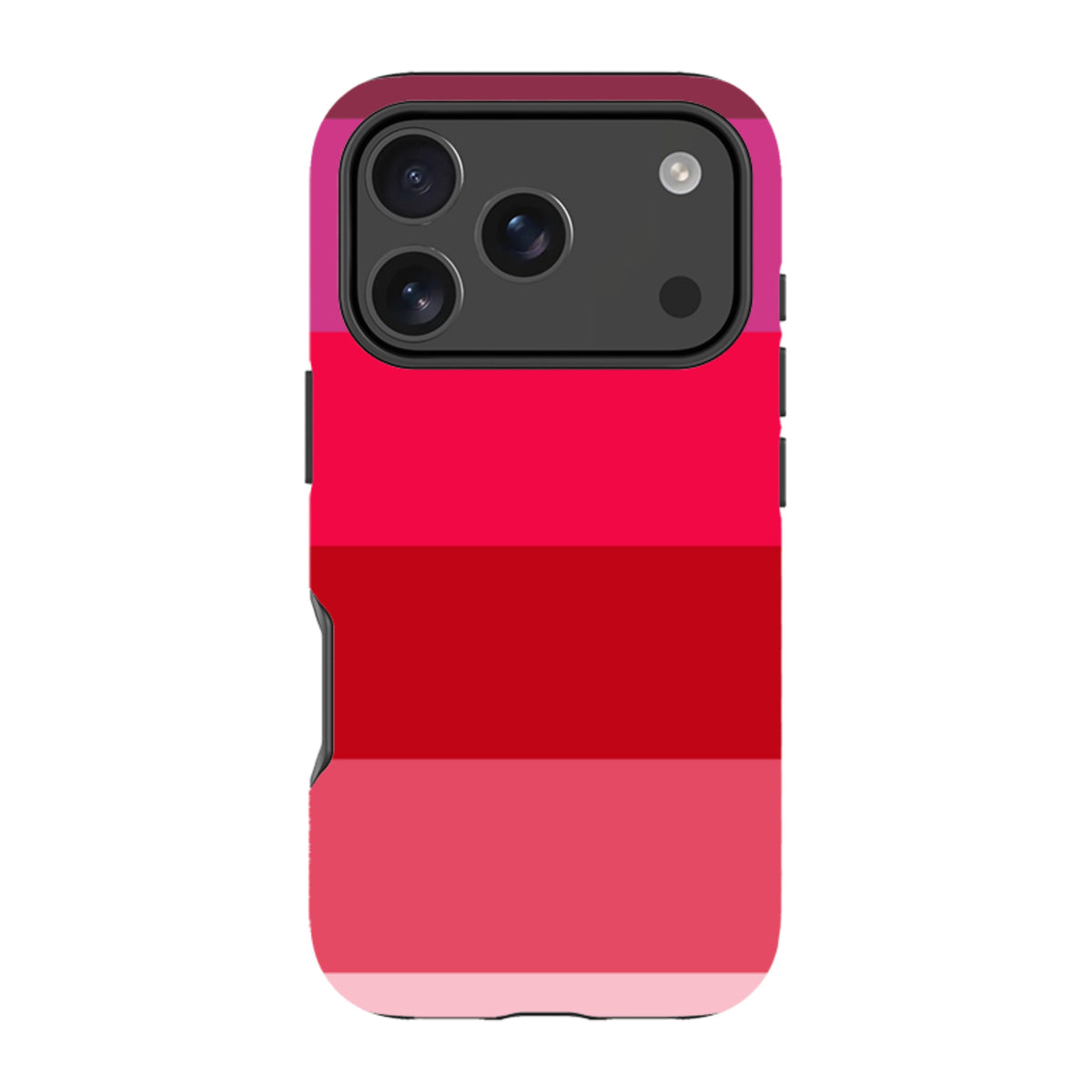 iPhone Tough Case in Ruby Grade featuring bold horizontal stripes of red and pink with a protective dual-layer design.