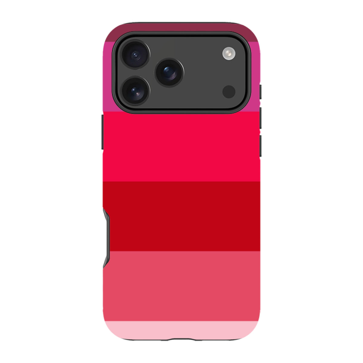 iPhone Tough Case in Ruby Grade featuring horizontal stripes of vibrant red and pink tones with a dual-layer protective shell.