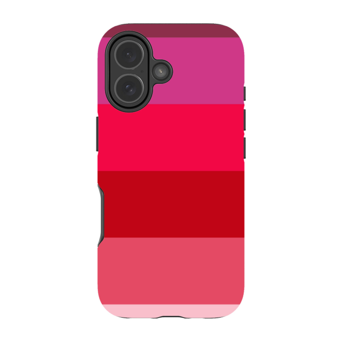 iPhone Tough Case in Ruby Grade featuring horizontal stripes of vibrant red and pink tones with a dual-layer design.