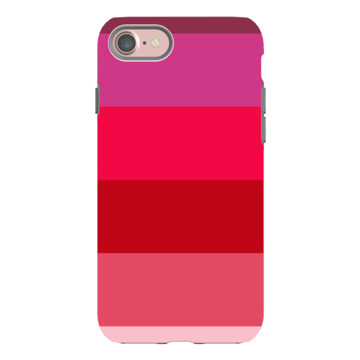 iPhone Tough Case in Ruby Grade featuring horizontal stripes of pink and red shades with a dual-layer protective design.