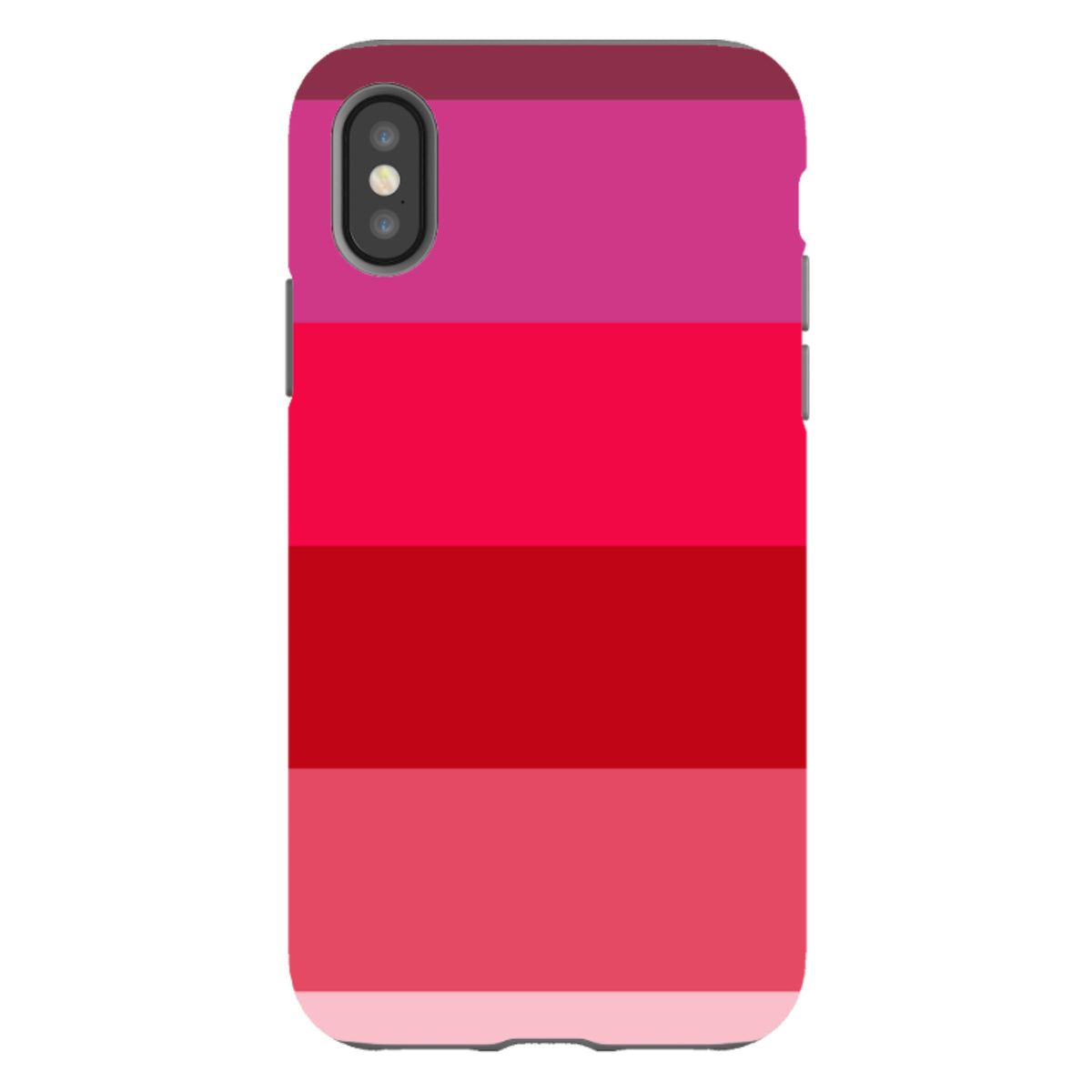 iPhone tough case featuring a Ruby Grade striped design in vibrant shades of red and pink with dual-layer protection.