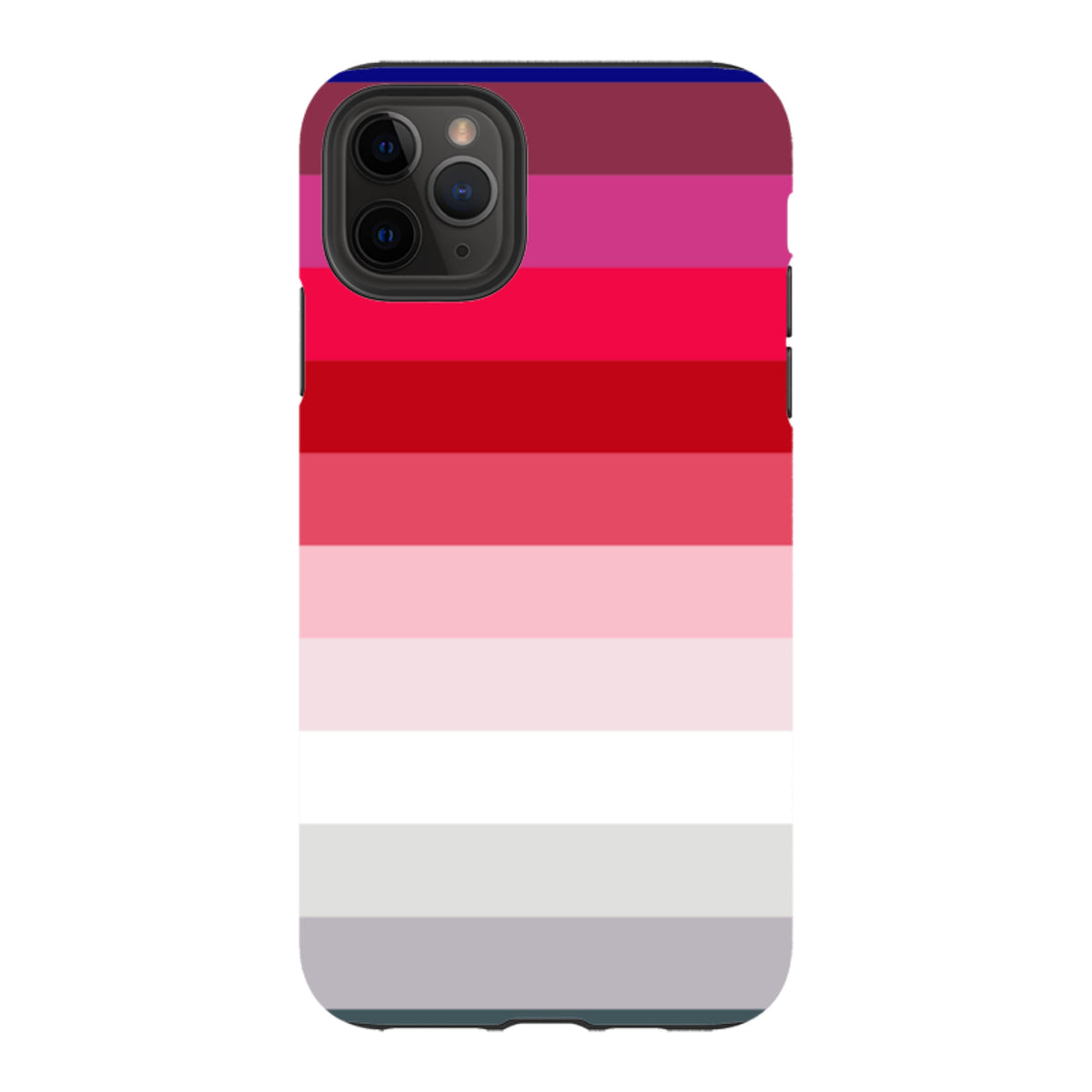 iPhone tough case with Ruby Horizon horizontal striped pattern in shades of red, pink, white, and grey.