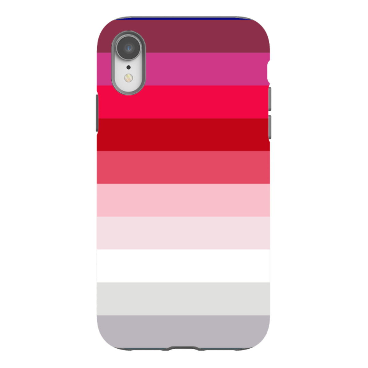 iPhone Tough Case featuring a Ruby Horizon gradient of horizontal red, pink, and white stripes with a protective shell.