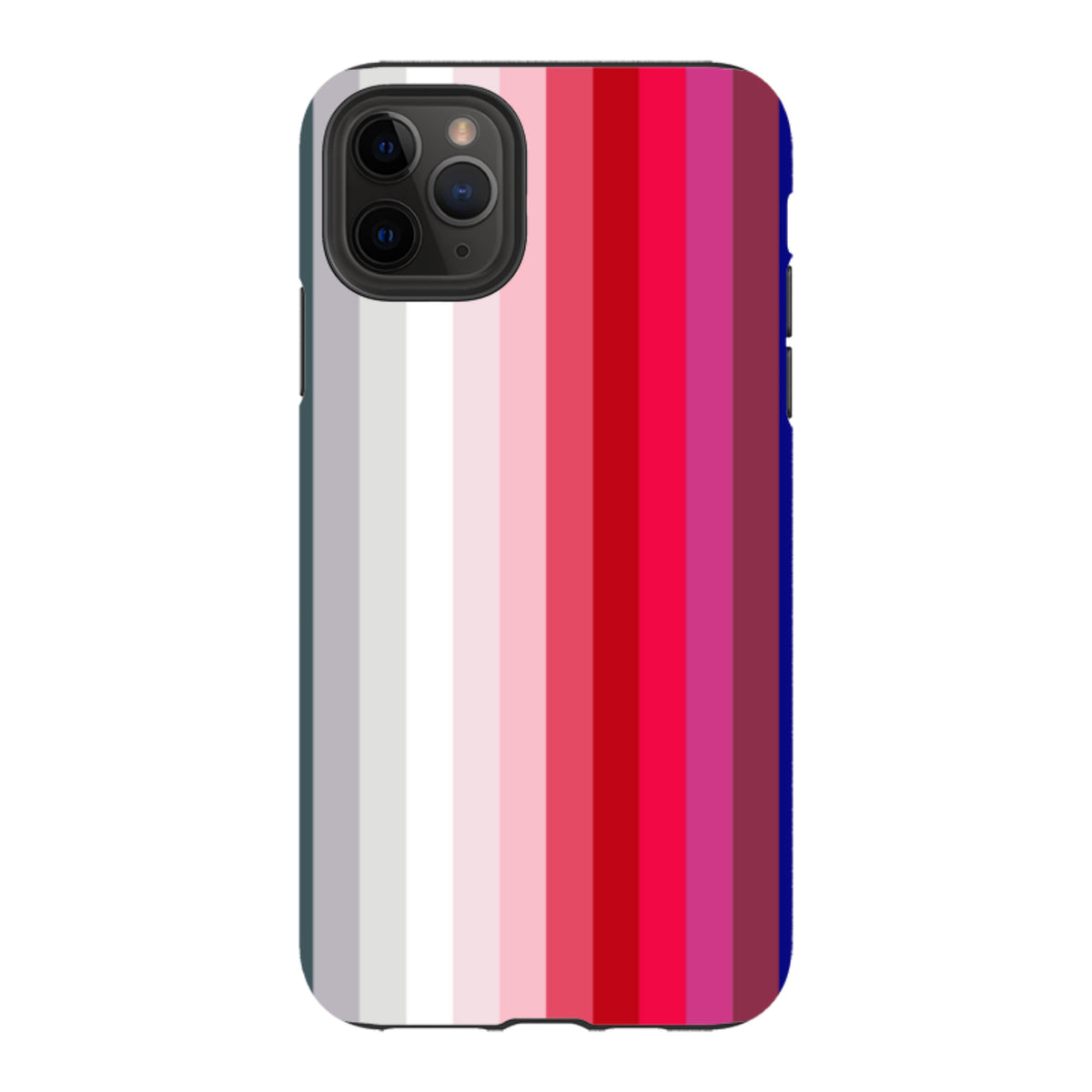 iPhone tough case featuring a vertical stripe pattern in shades of white, pink, and ruby red with dual-layer protection.