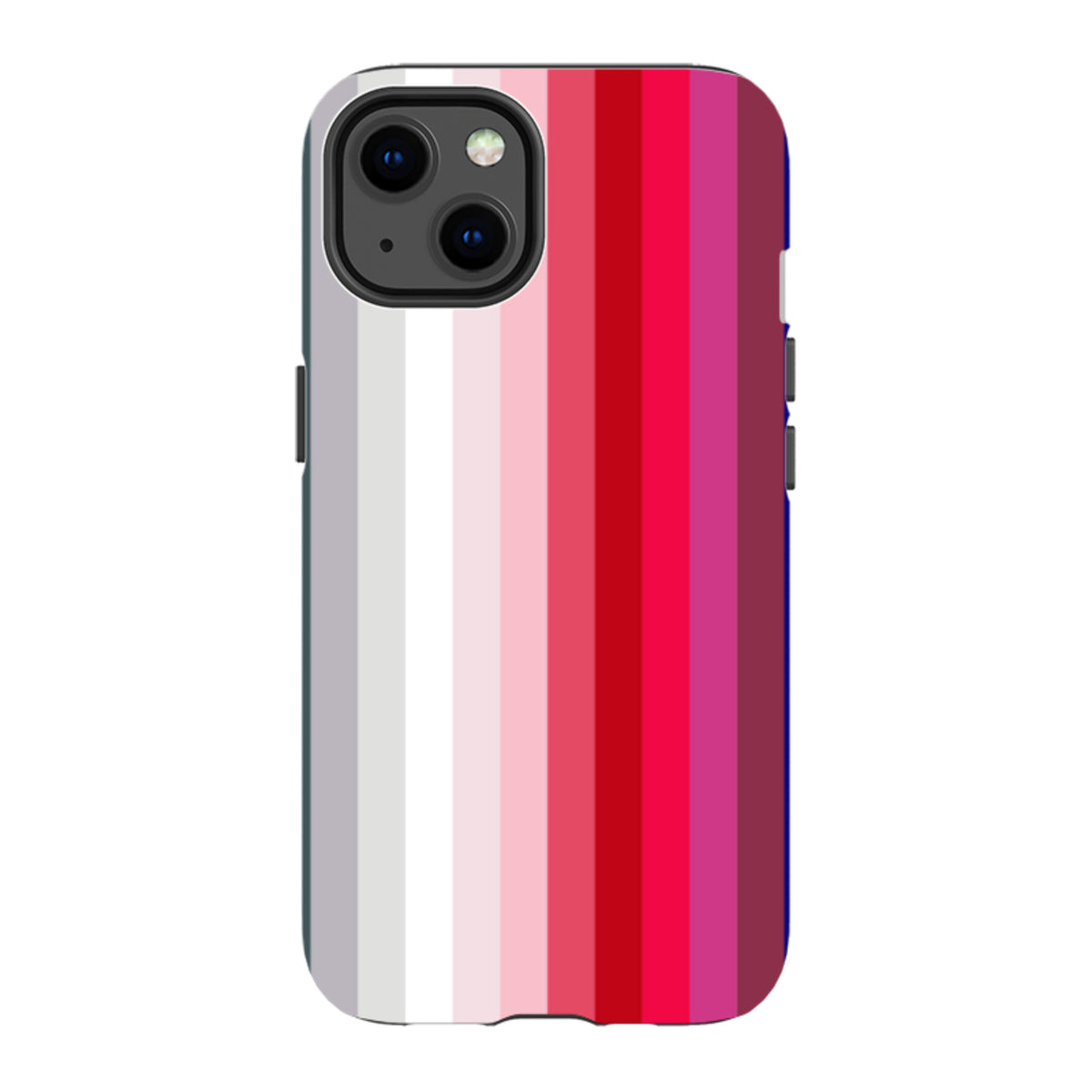iPhone tough case featuring a vertical gradient of ruby, pink, and white stripes with a dual-layer protective design.