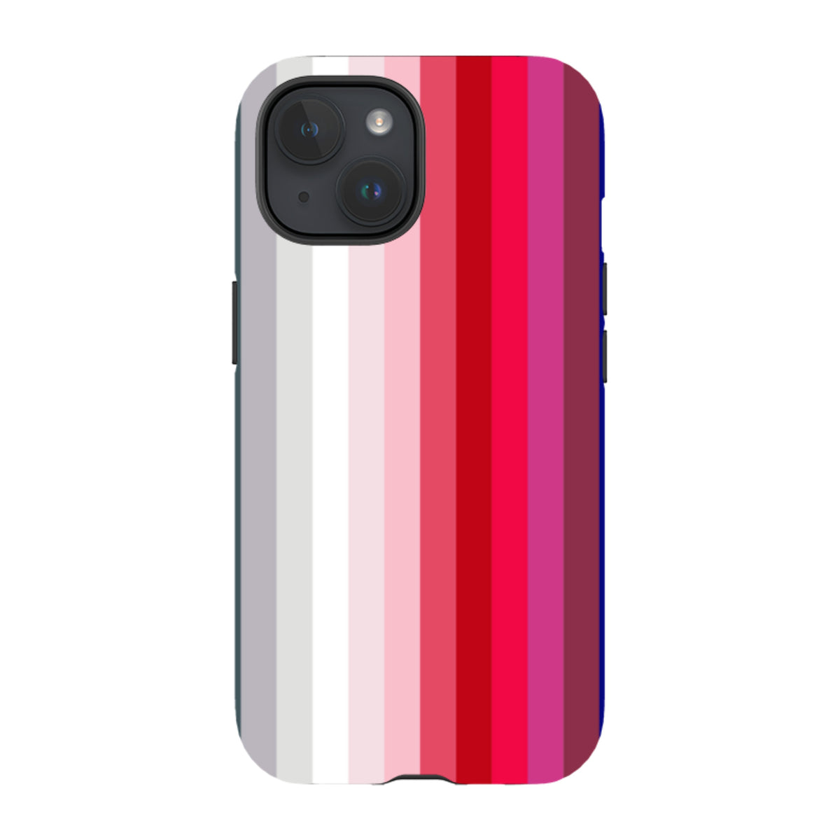 iPhone tough case featuring a vertical gradient of red, pink, and white stripes with a protective dual-layer design.