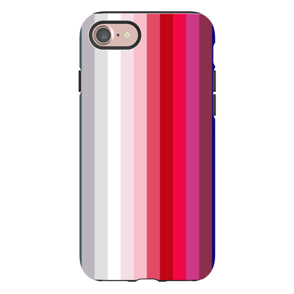 iPhone tough case with vertical red and pink gradient stripes, featuring a durable dual-layer design and camera cutout.