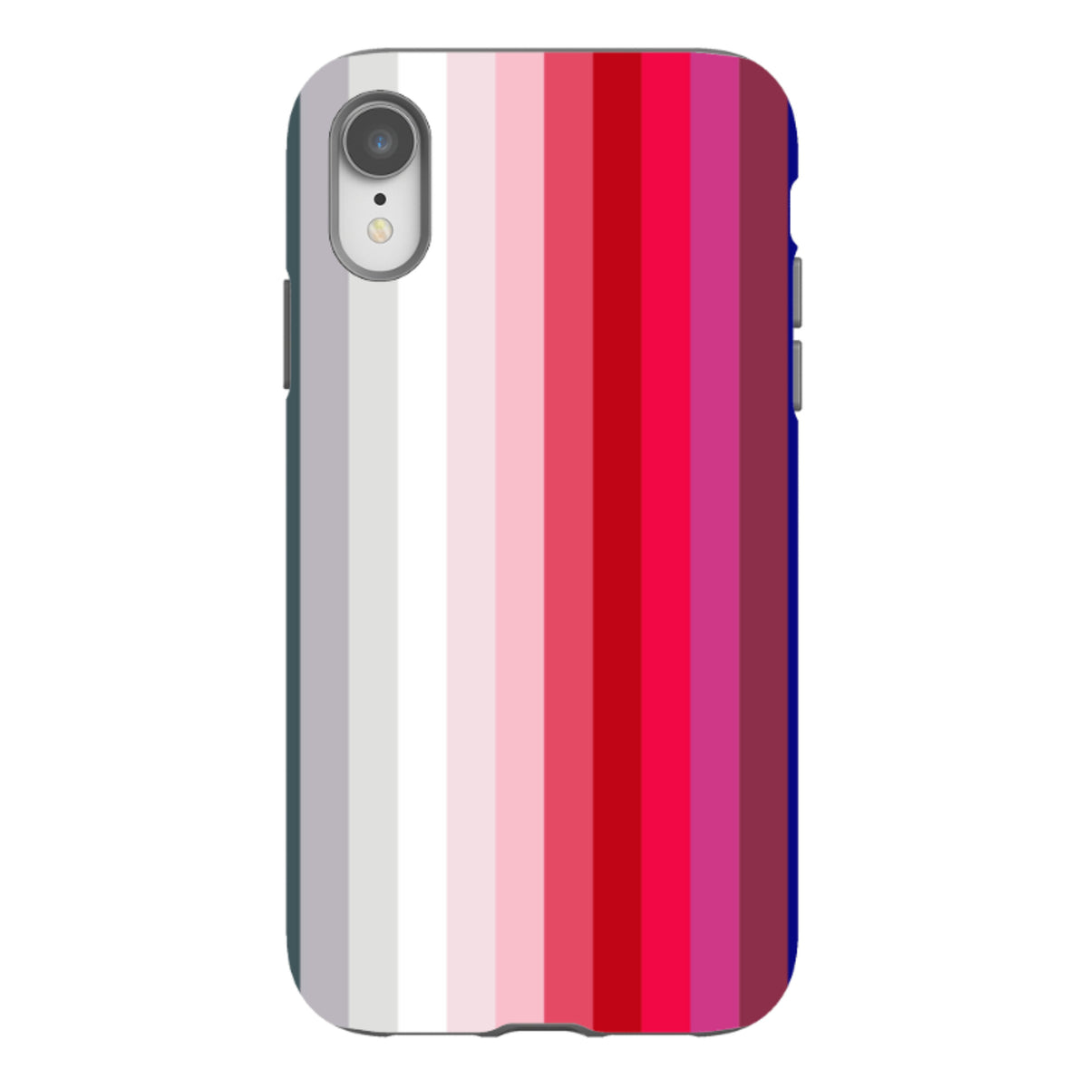 iPhone tough case featuring a Ruby Vertical striped design in shades of red, pink, and white with dual-layer protection.