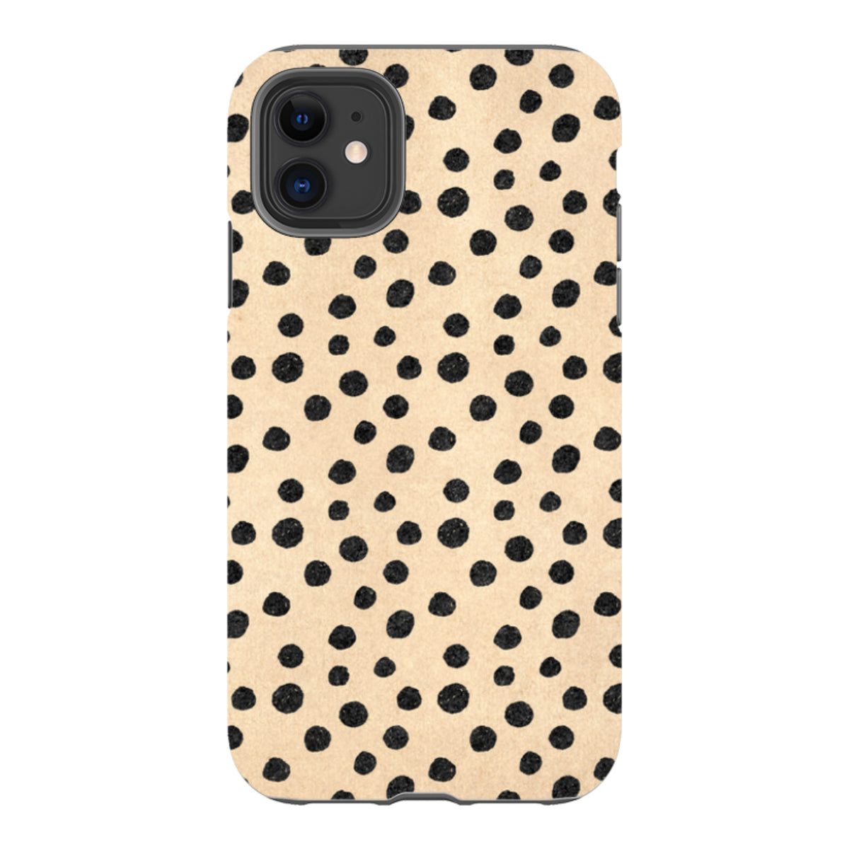 iPhone tough case with a beige background featuring a black hand-drawn polka dot pattern and dual-layer protection.