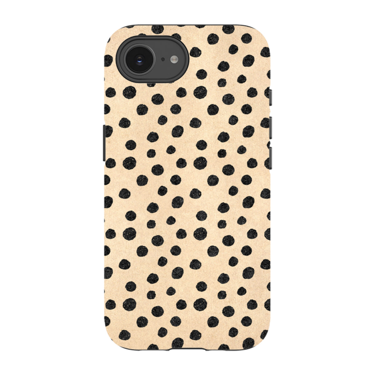 iPhone tough case with a beige background and black polka dot pattern, featuring a dual-layer protective design.