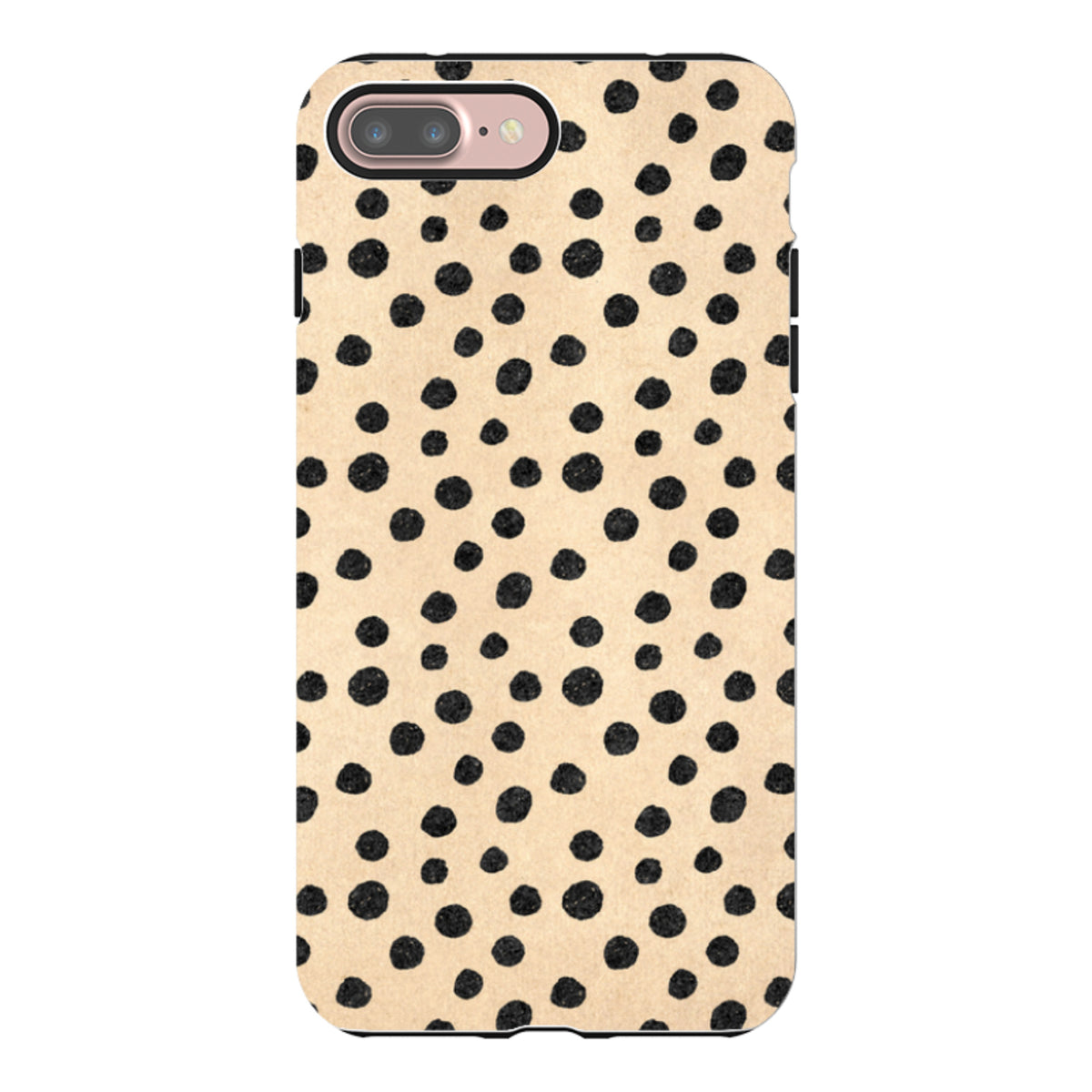 iPhone tough case with a beige background and black polka dot pattern, featuring a dual-layer protective design.