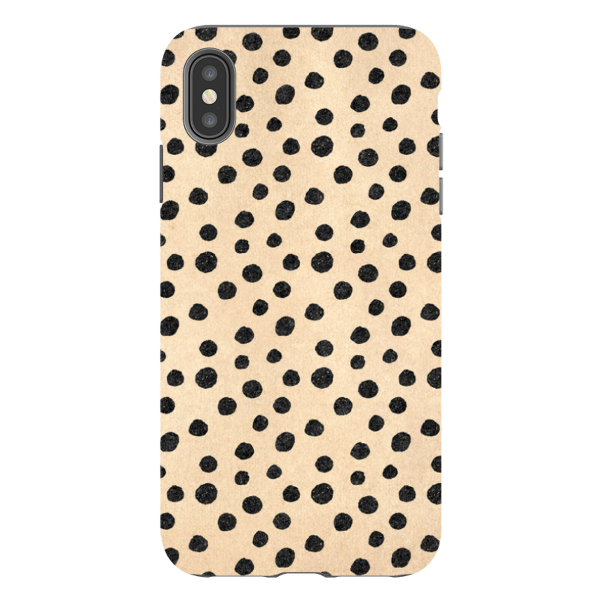 iPhone tough case with a beige background and black polka dot pattern, featuring a dual-layer design and camera cutout.