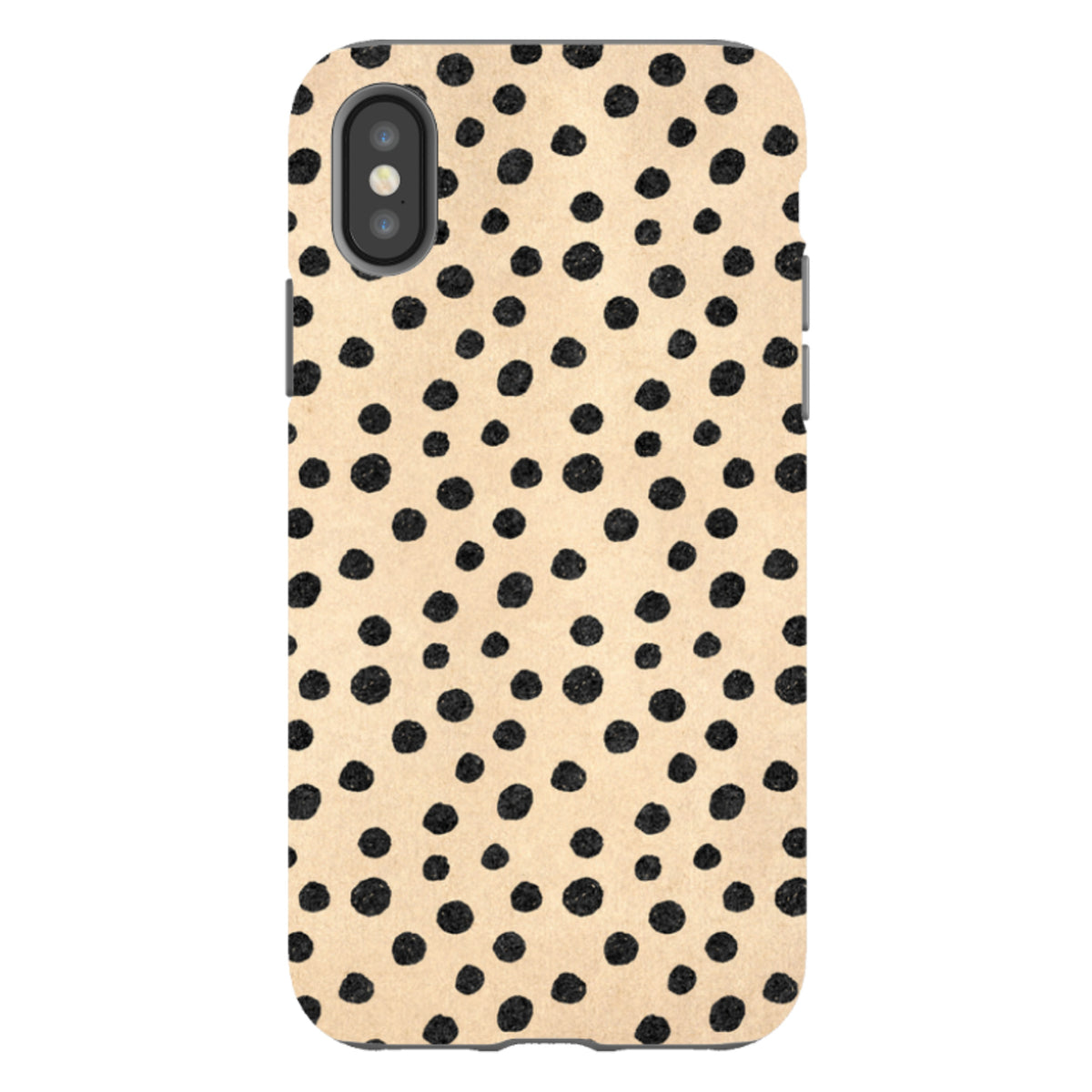 iPhone tough case with a beige background and black polka dot pattern, featuring a dual-layer protective design.