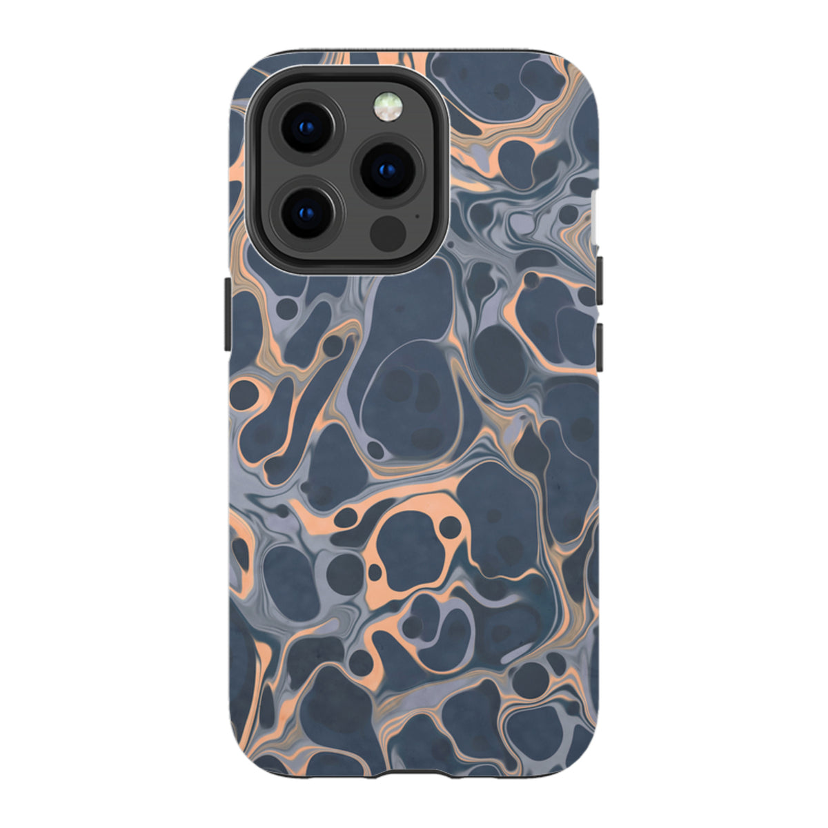 iPhone Tough Case in Sangrita featuring a dual-layer design with a dark grey and peach abstract marble swirl pattern.