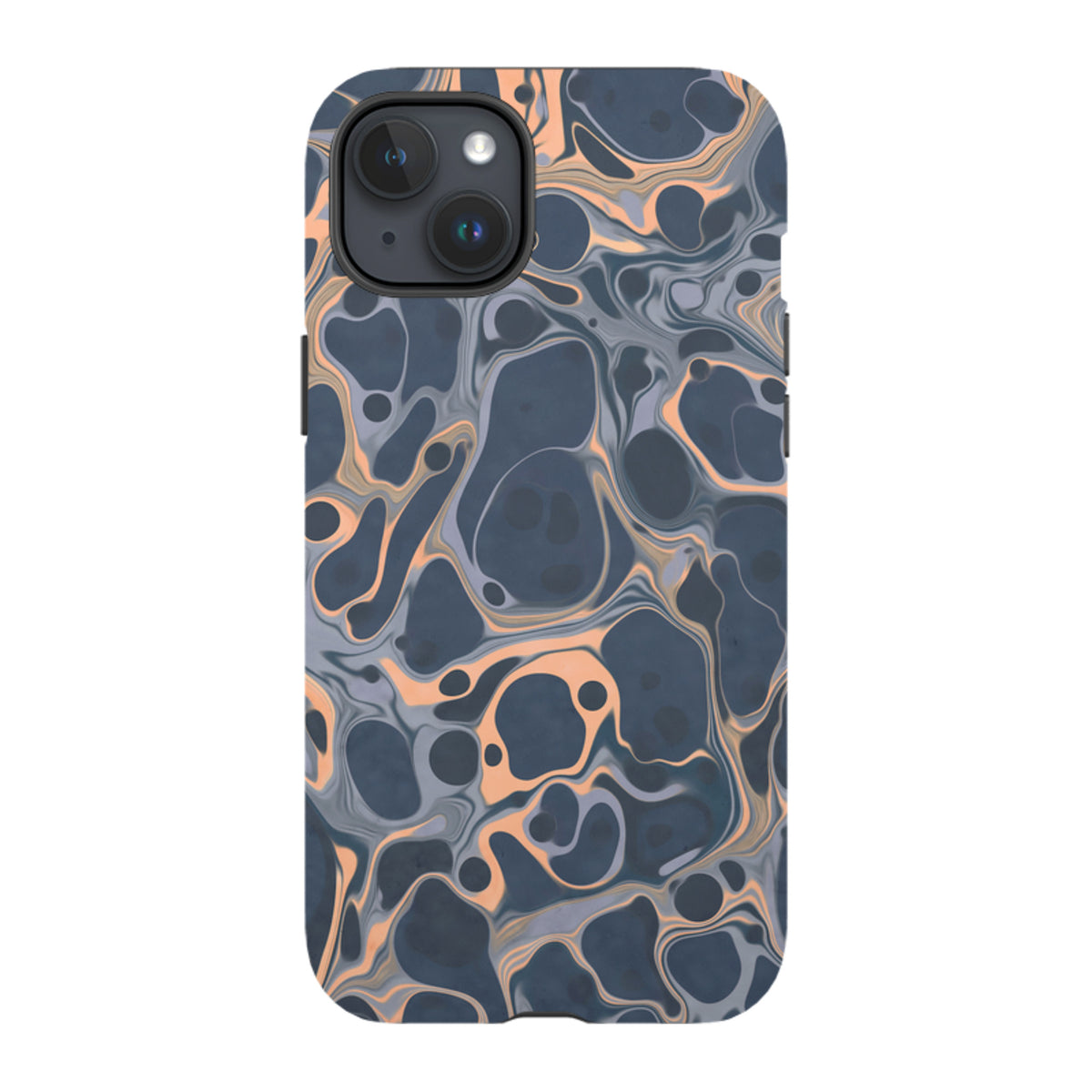 iPhone Tough Case in Sangrita featuring a dual-layer design with a dark blue and peach marble-style abstract pattern.