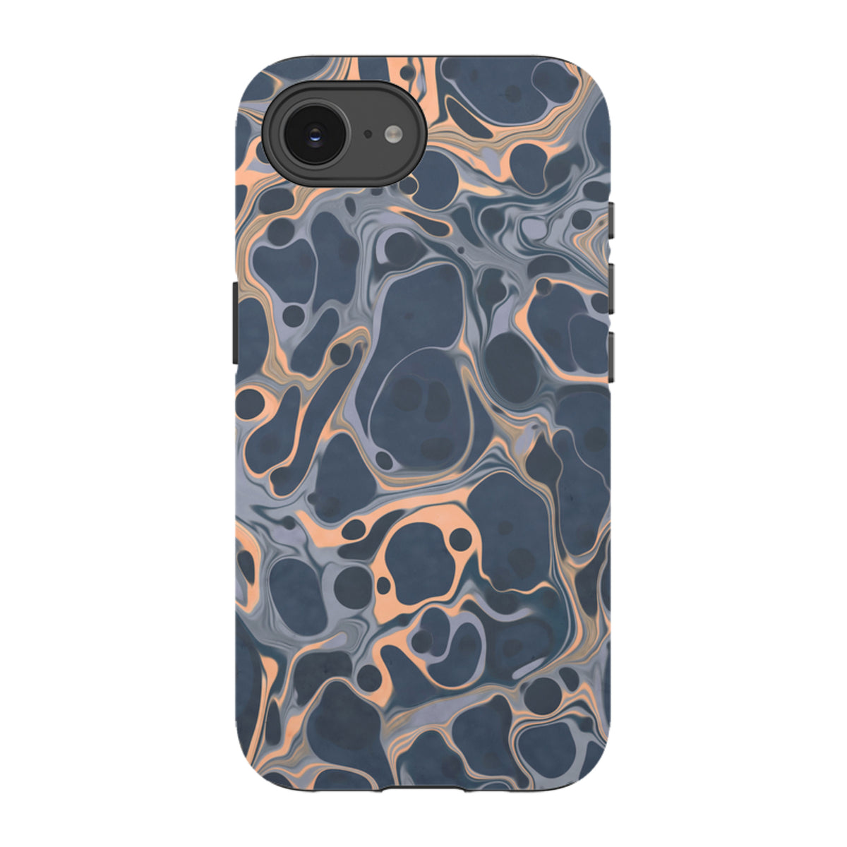 iPhone Tough Case in Sangrita featuring a dual-layer design with a dark grey and peach marbled abstract pattern.