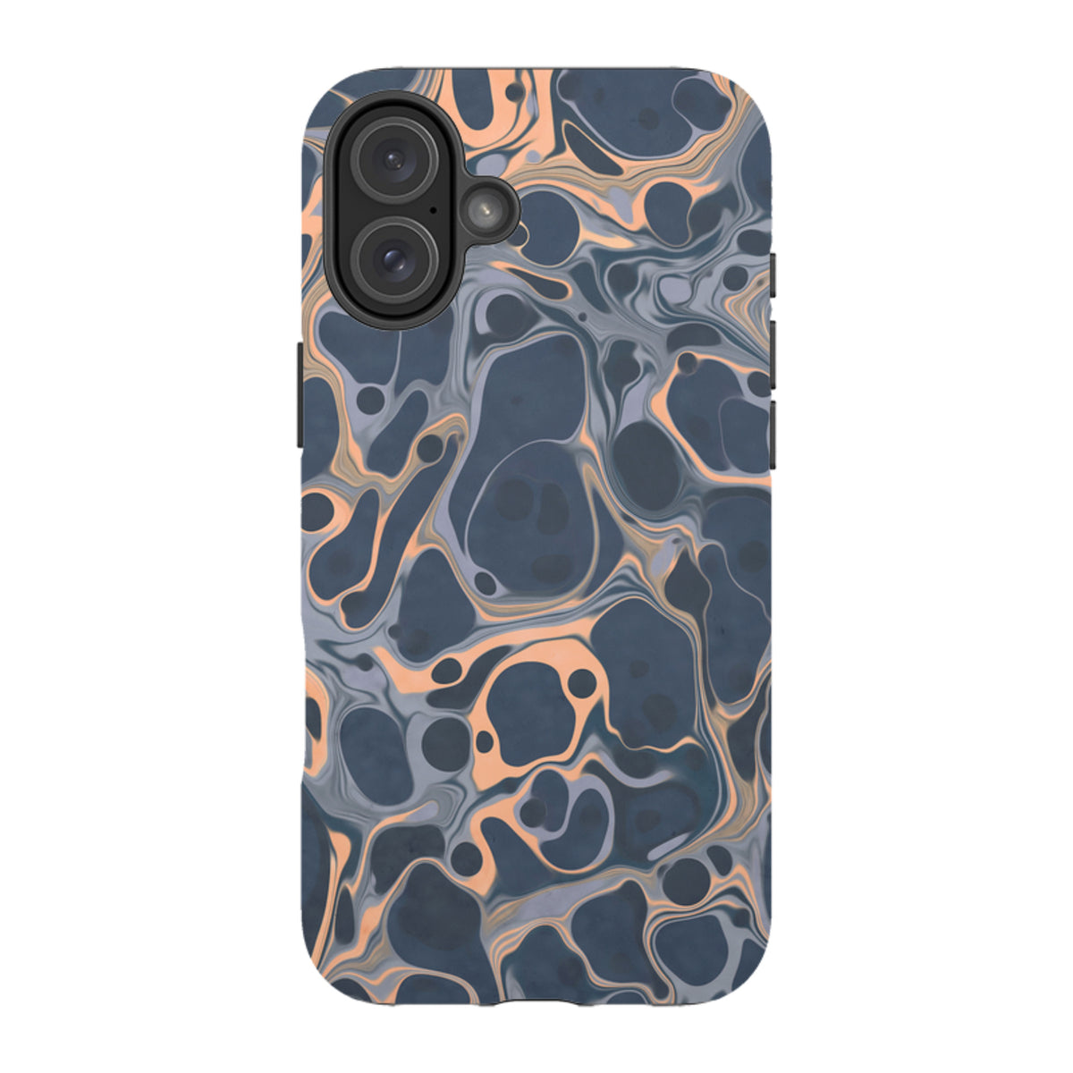 iPhone Tough Case in Sangrita design featuring a dual-layer build with a dark blue and peach marble-style abstract pattern.