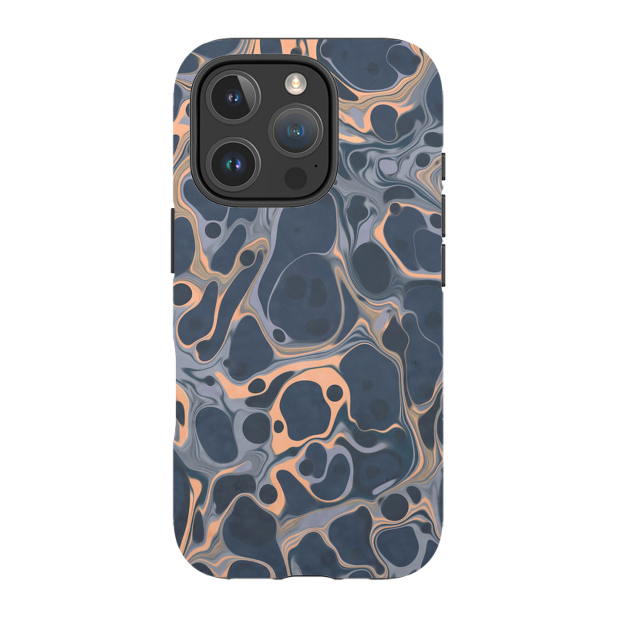 iPhone Tough Case in Sangrita design featuring a dual-layer, shock-absorbing shell with a dark blue and peach marble pattern.