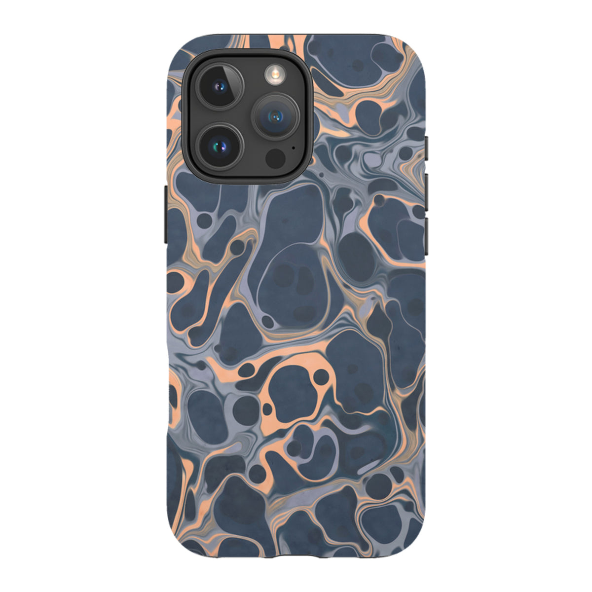 iPhone Tough Case in Sangrita design featuring a dark blue and peach marble-style abstract pattern with dual-layer protection.