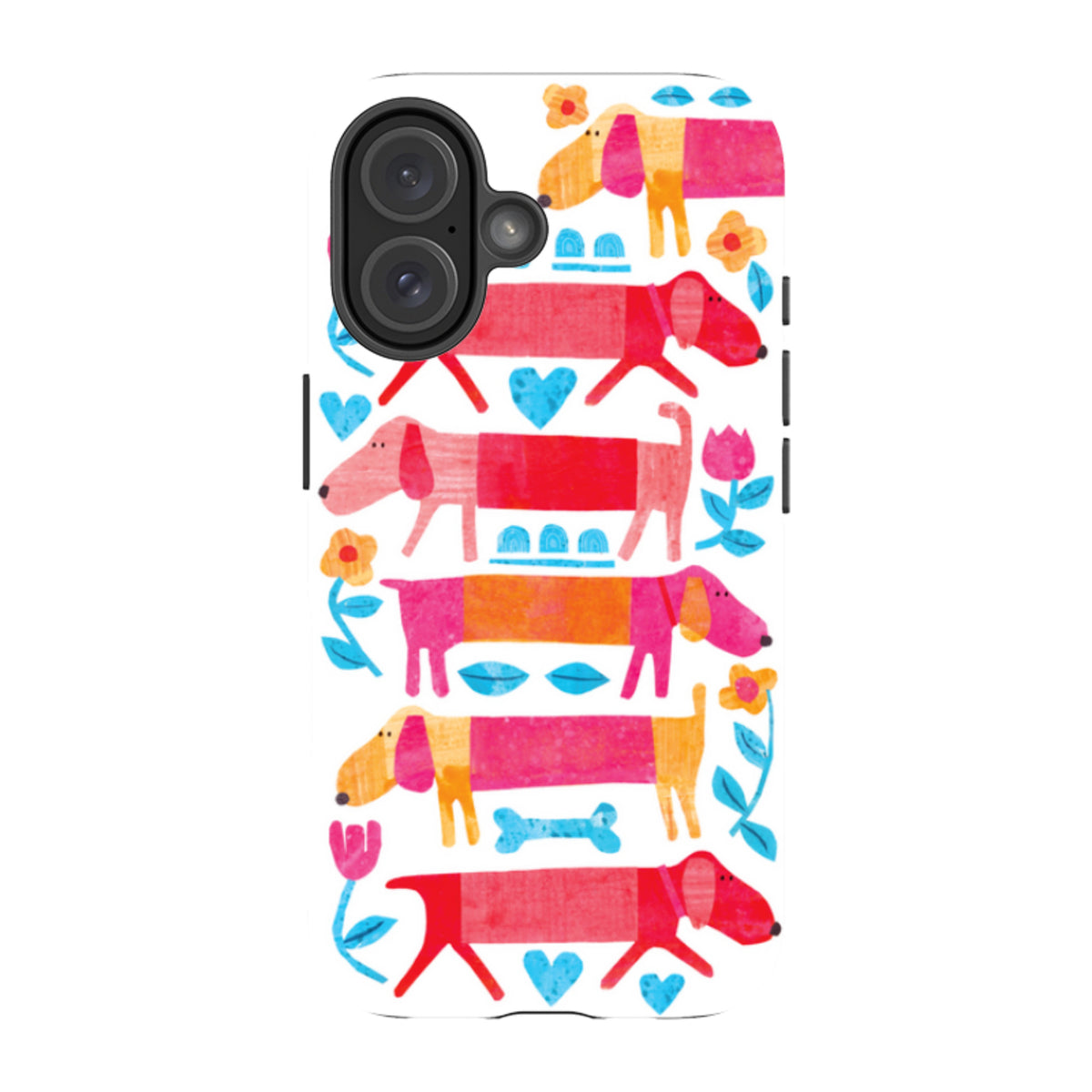 iPhone tough case featuring a colorful pattern of sausage dogs, flowers, and hearts by artist Tracey English.