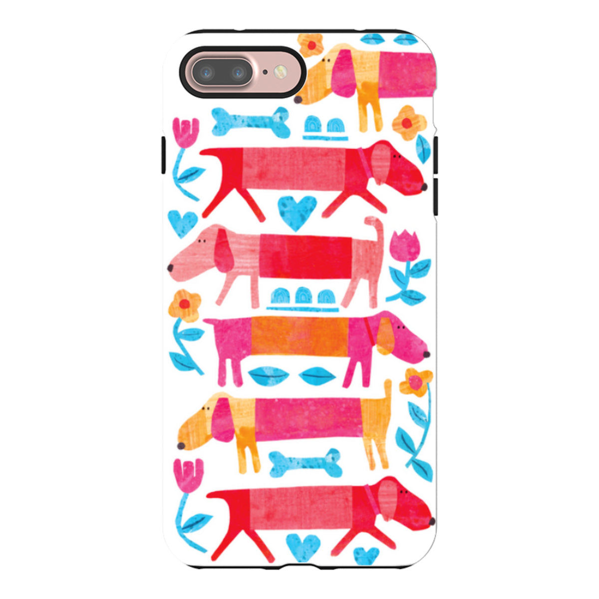 iPhone tough case featuring a colorful, artistic sausage dog pattern with flowers and bones on a white background.