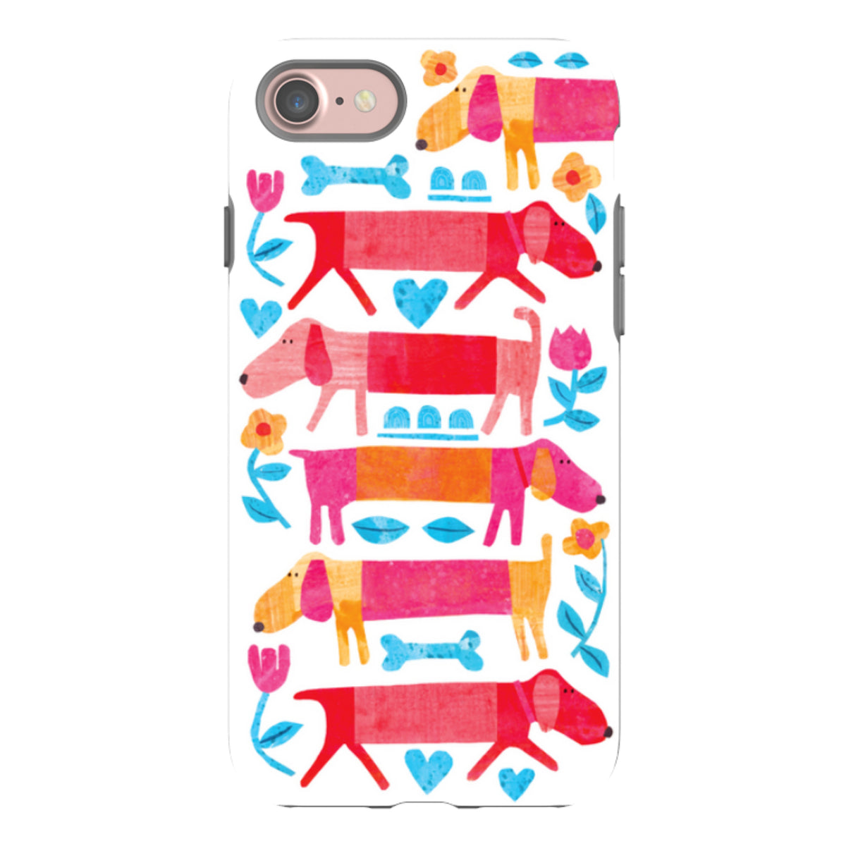 iPhone tough case featuring a colorful, artistic pattern of red and orange sausage dogs, flowers, and blue bones.