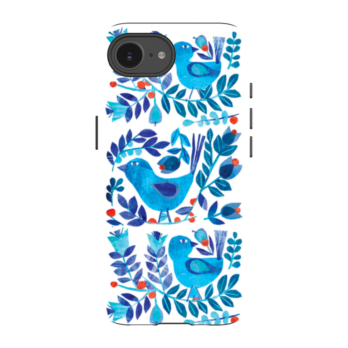 iPhone tough case featuring a blue Scandi bird and botanical pattern by Tracey English with dual-layer protection.