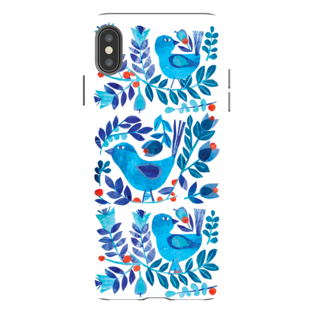 iPhone tough case with blue Scandi bird and floral art, featuring a dual-layer design and protective camera cutout.